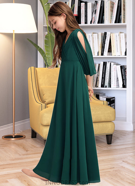 Kathy A-Line V-neck Floor-Length Chiffon Junior Bridesmaid Dress With Ruffles DPP0013427