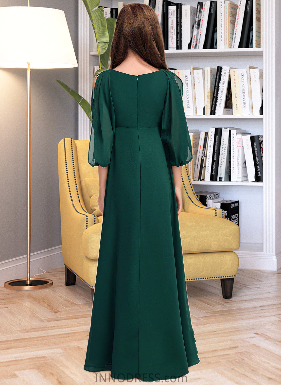 Kathy A-Line V-neck Floor-Length Chiffon Junior Bridesmaid Dress With Ruffles DPP0013427