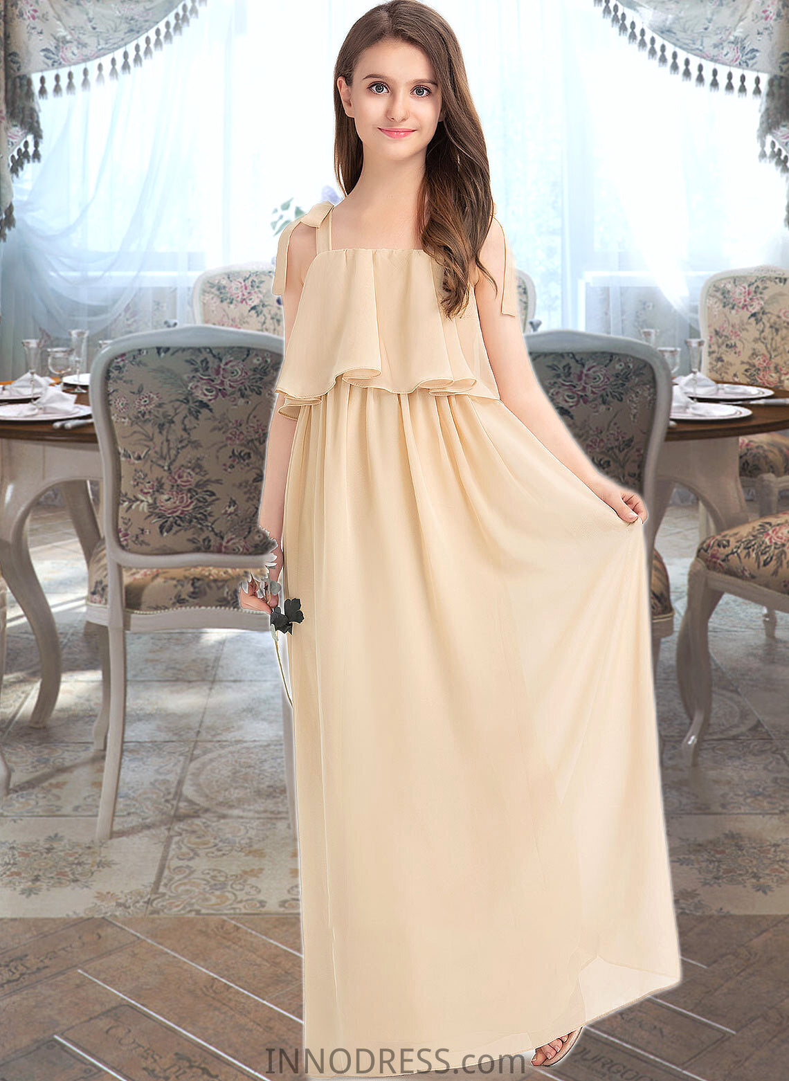 Millicent A-Line Square Neckline Floor-Length Chiffon Junior Bridesmaid Dress With Bow(s) Cascading Ruffles DPP0013428