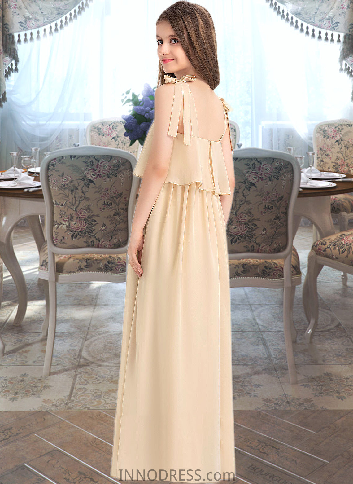 Millicent A-Line Square Neckline Floor-Length Chiffon Junior Bridesmaid Dress With Bow(s) Cascading Ruffles DPP0013428