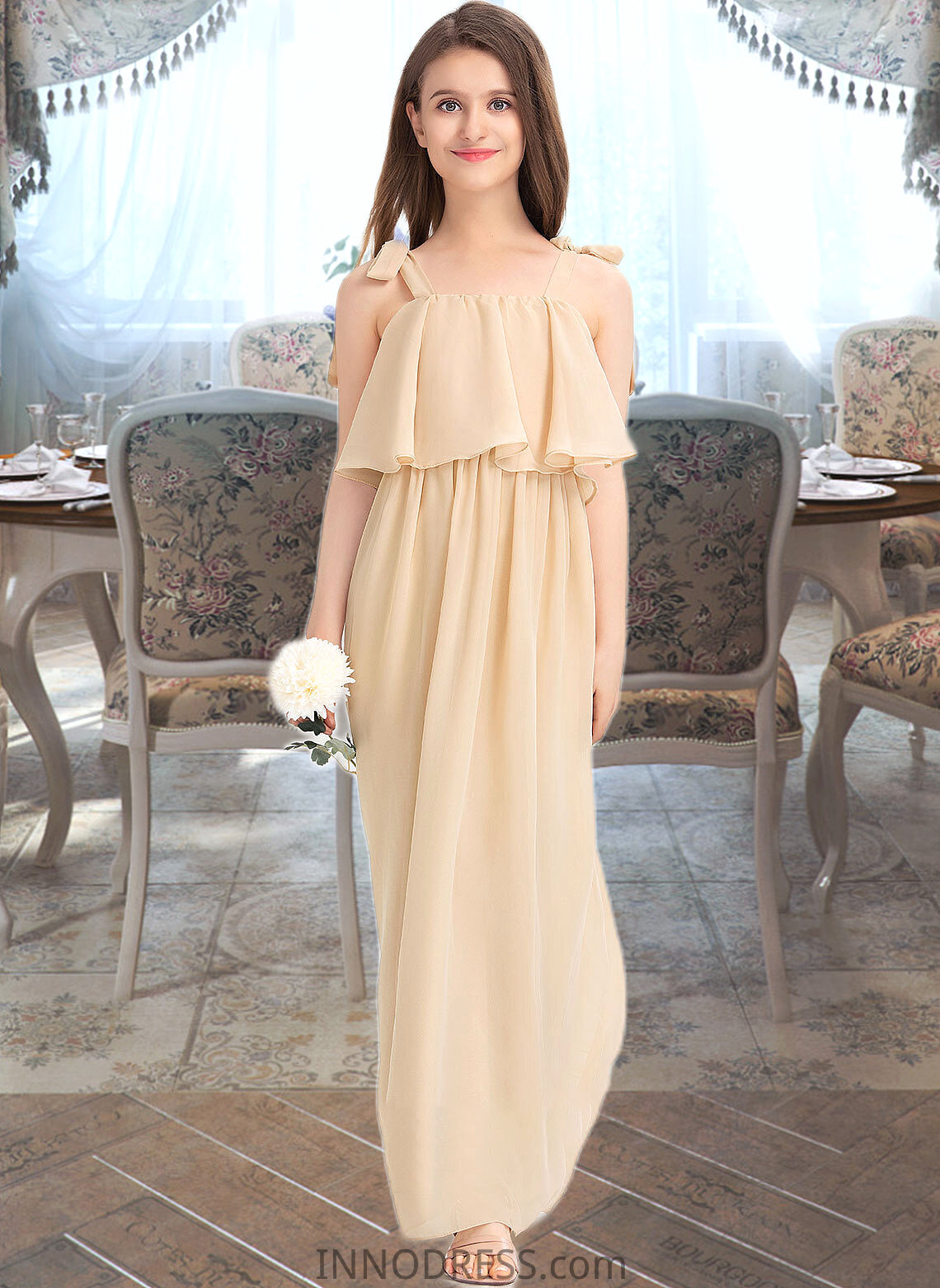 Millicent A-Line Square Neckline Floor-Length Chiffon Junior Bridesmaid Dress With Bow(s) Cascading Ruffles DPP0013428