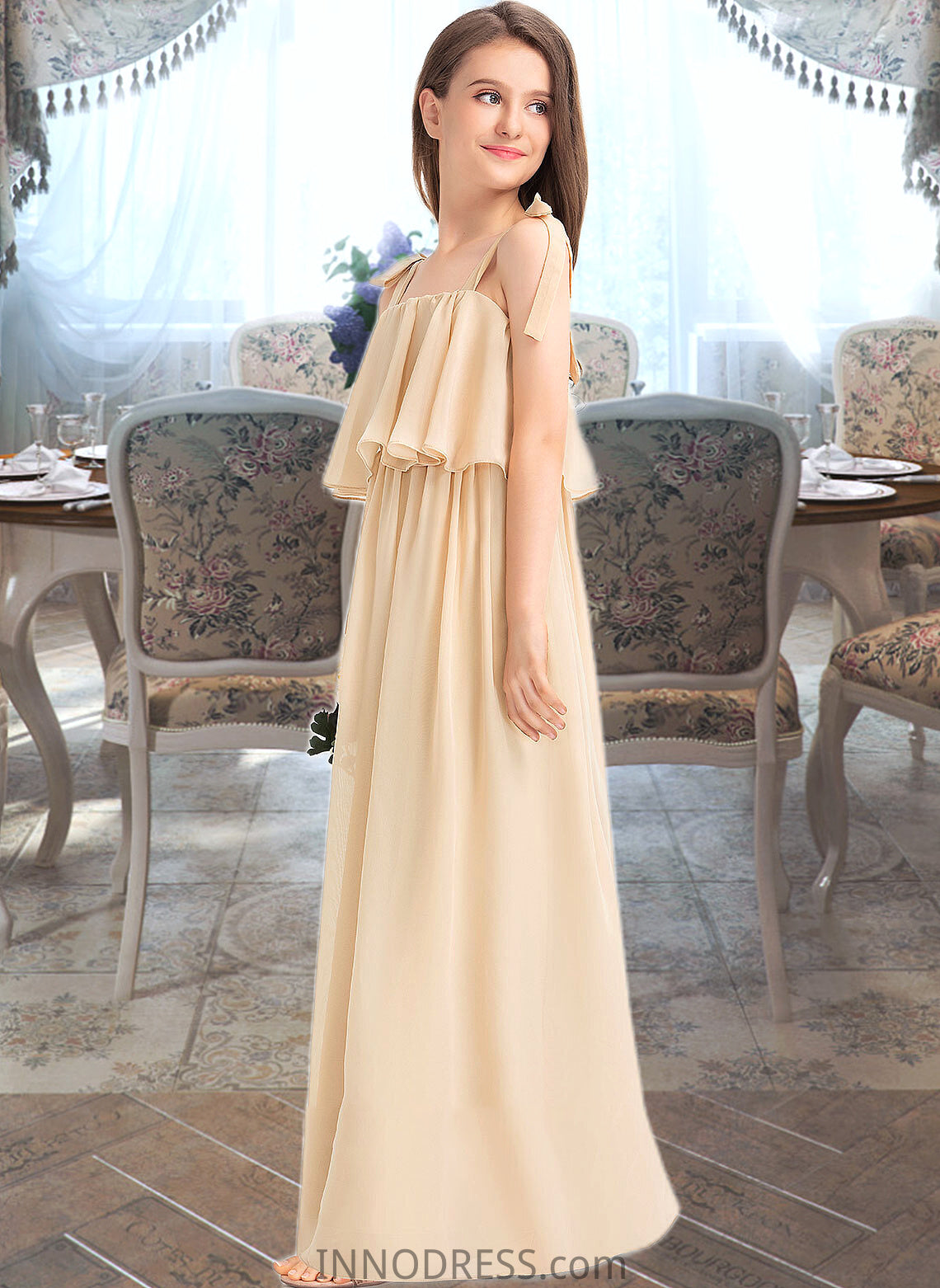 Millicent A-Line Square Neckline Floor-Length Chiffon Junior Bridesmaid Dress With Bow(s) Cascading Ruffles DPP0013428