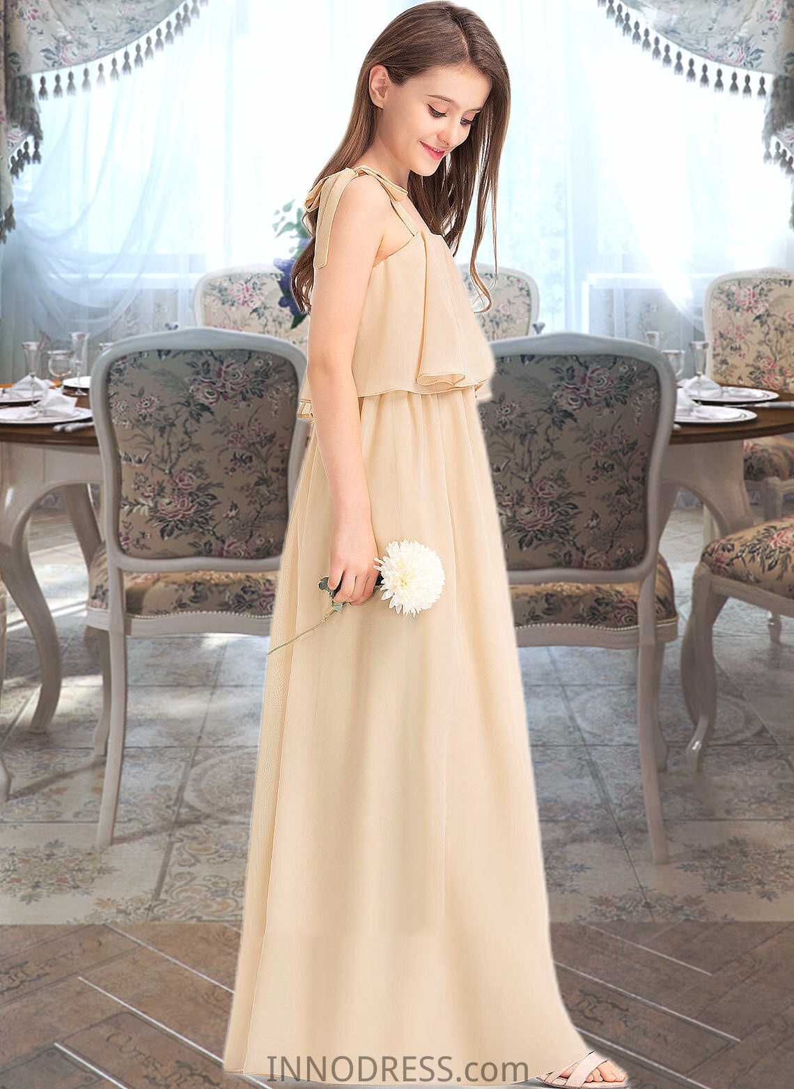 Millicent A-Line Square Neckline Floor-Length Chiffon Junior Bridesmaid Dress With Bow(s) Cascading Ruffles DPP0013428