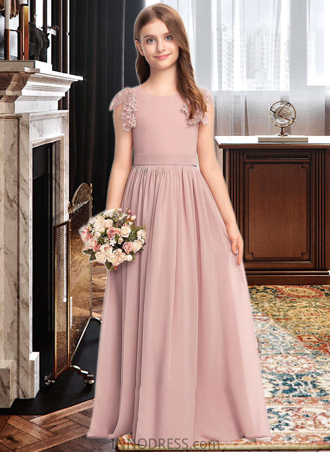 Nataly A-Line Scoop Neck Floor-Length Chiffon Lace Junior Bridesmaid Dress With Bow(s) DPP0013429