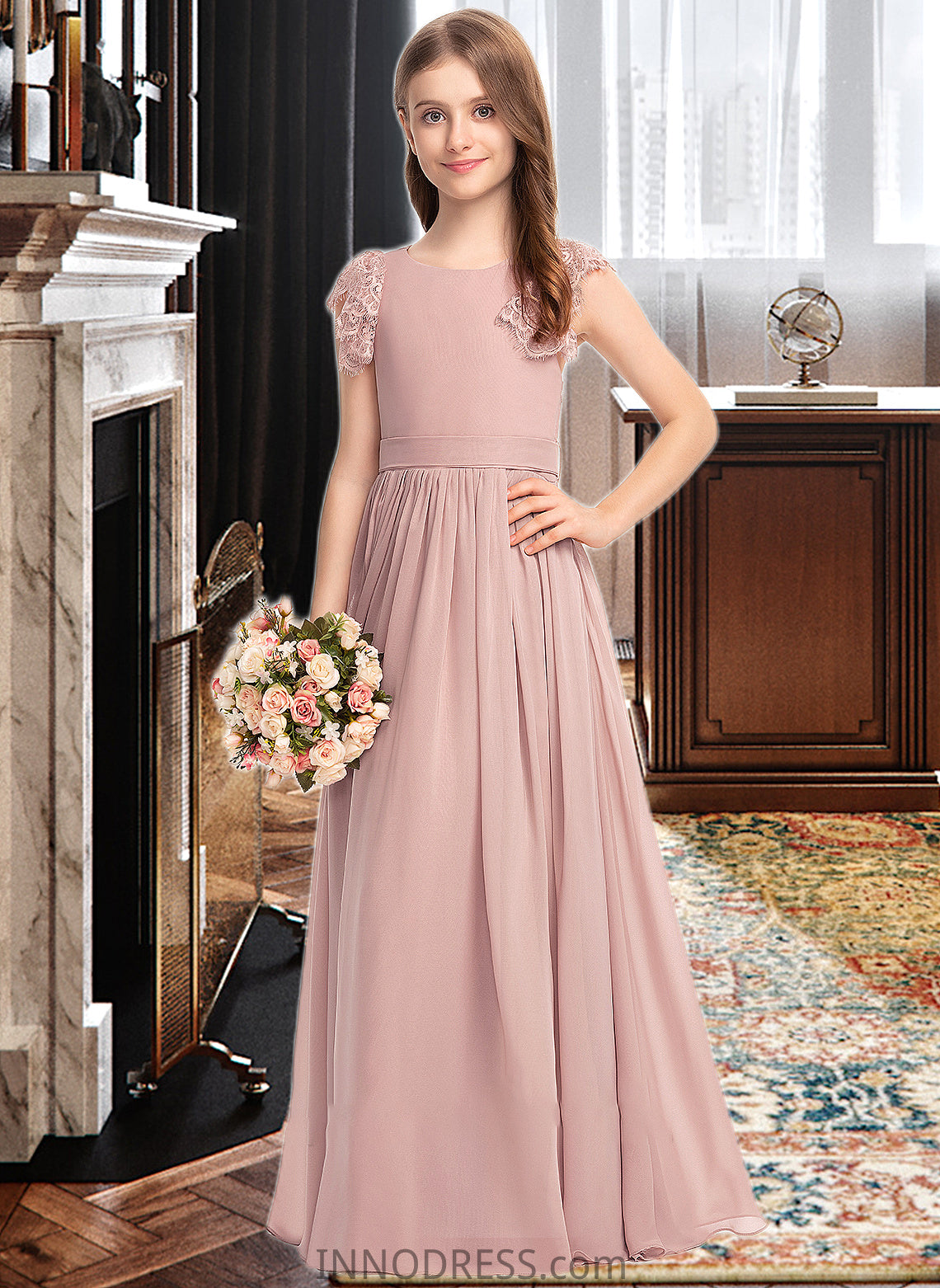 Nataly A-Line Scoop Neck Floor-Length Chiffon Lace Junior Bridesmaid Dress With Bow(s) DPP0013429