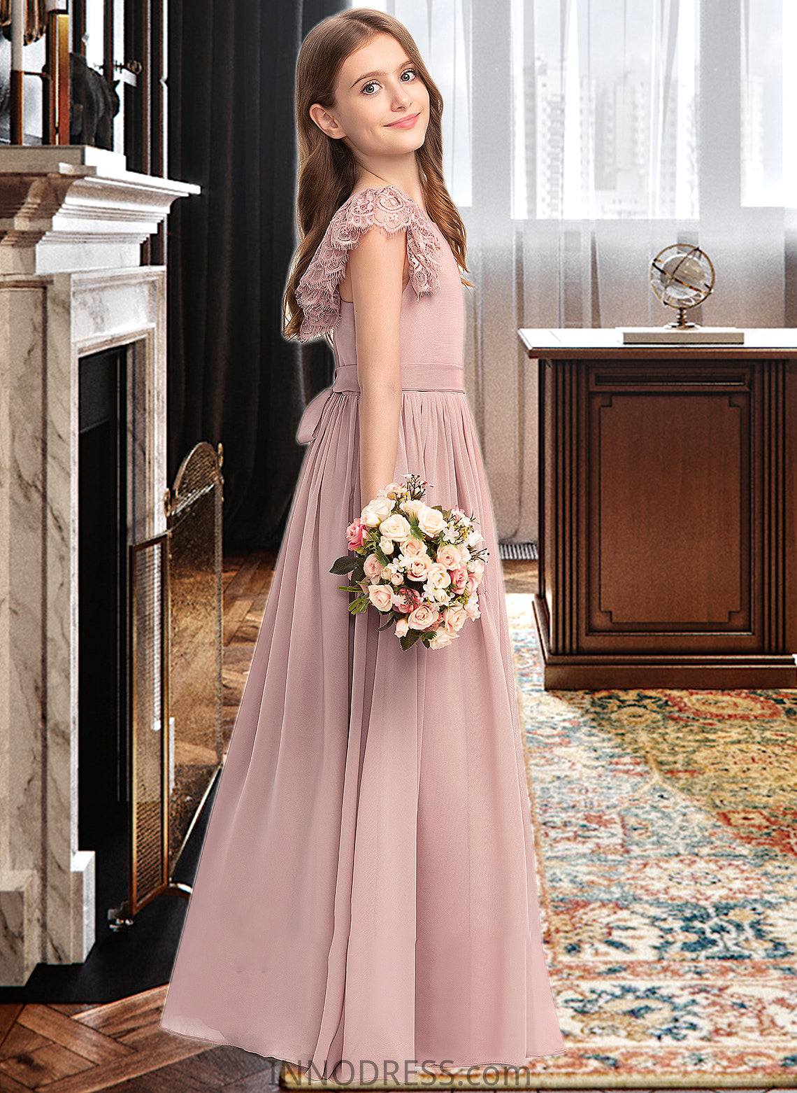 Nataly A-Line Scoop Neck Floor-Length Chiffon Lace Junior Bridesmaid Dress With Bow(s) DPP0013429