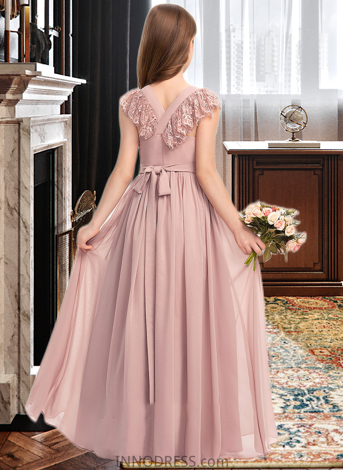 Nataly A-Line Scoop Neck Floor-Length Chiffon Lace Junior Bridesmaid Dress With Bow(s) DPP0013429