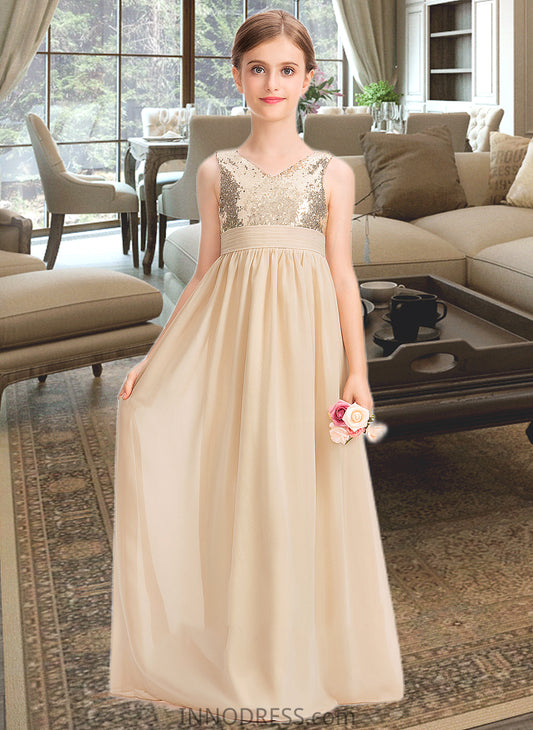 Alina A-Line V-neck Floor-Length Chiffon Sequined Junior Bridesmaid Dress With Ruffle DPP0013430