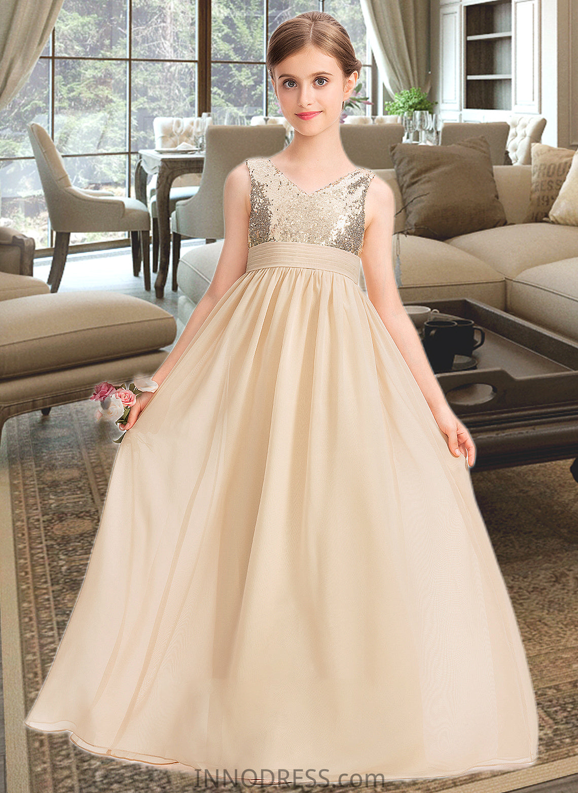 Alina A-Line V-neck Floor-Length Chiffon Sequined Junior Bridesmaid Dress With Ruffle DPP0013430