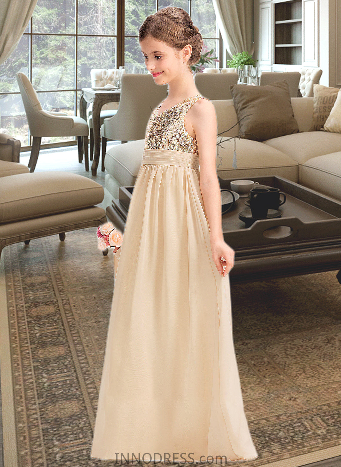 Alina A-Line V-neck Floor-Length Chiffon Sequined Junior Bridesmaid Dress With Ruffle DPP0013430