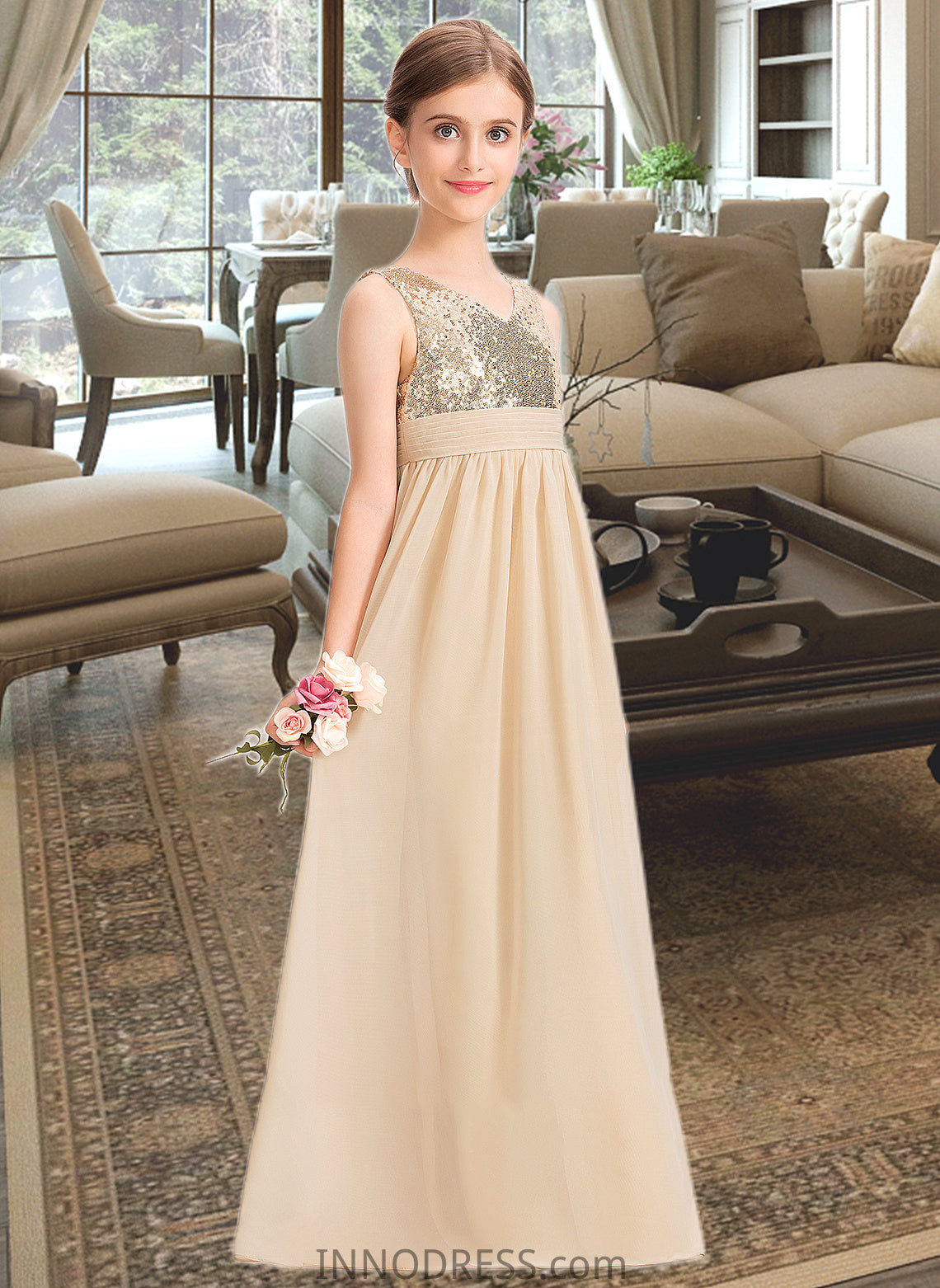 Alina A-Line V-neck Floor-Length Chiffon Sequined Junior Bridesmaid Dress With Ruffle DPP0013430