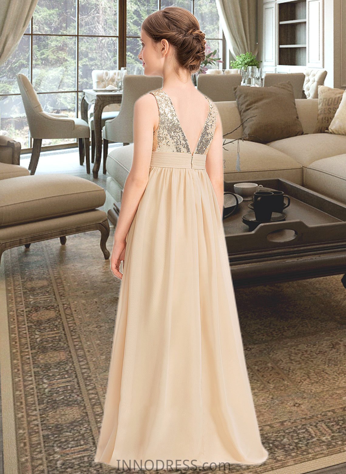 Alina A-Line V-neck Floor-Length Chiffon Sequined Junior Bridesmaid Dress With Ruffle DPP0013430