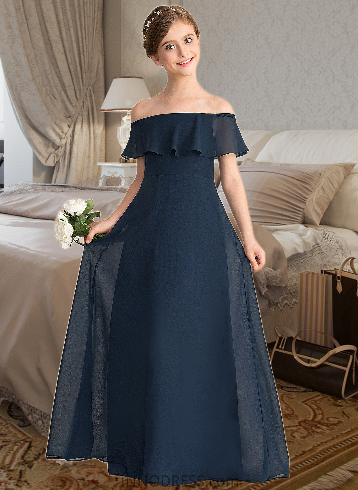 Katherine A-Line Off-the-Shoulder Floor-Length Chiffon Junior Bridesmaid Dress With Cascading Ruffles DPP0013431