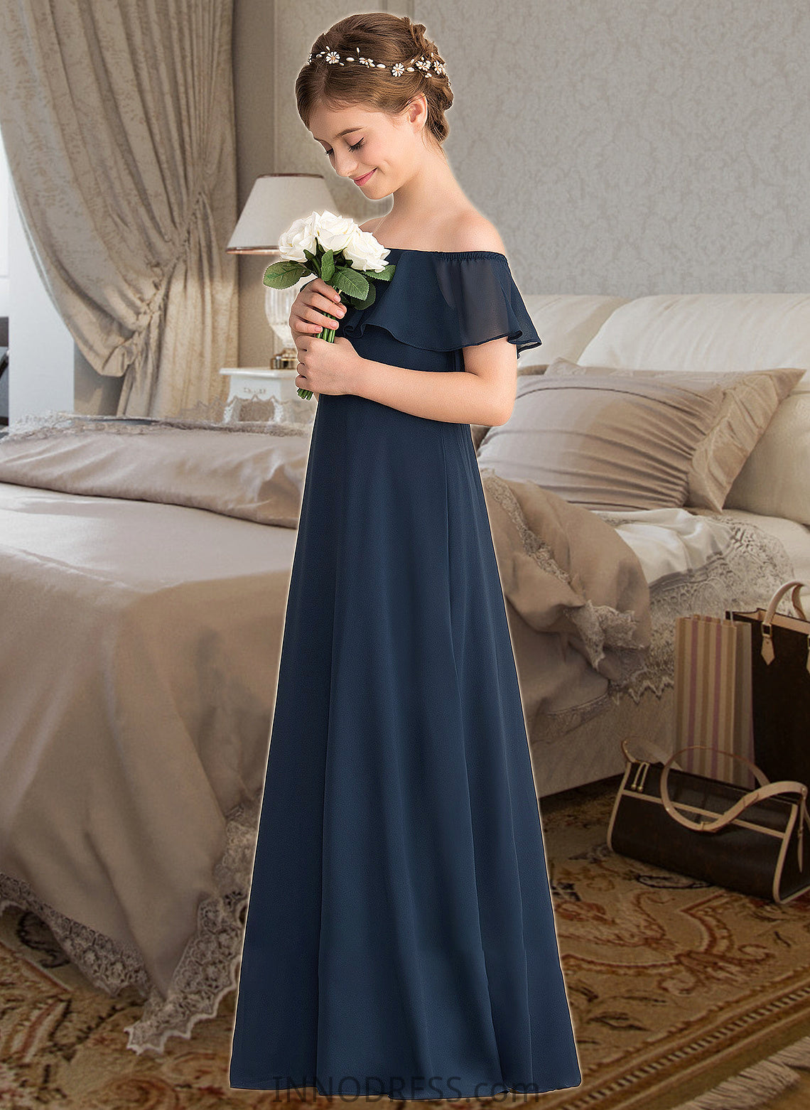 Katherine A-Line Off-the-Shoulder Floor-Length Chiffon Junior Bridesmaid Dress With Cascading Ruffles DPP0013431