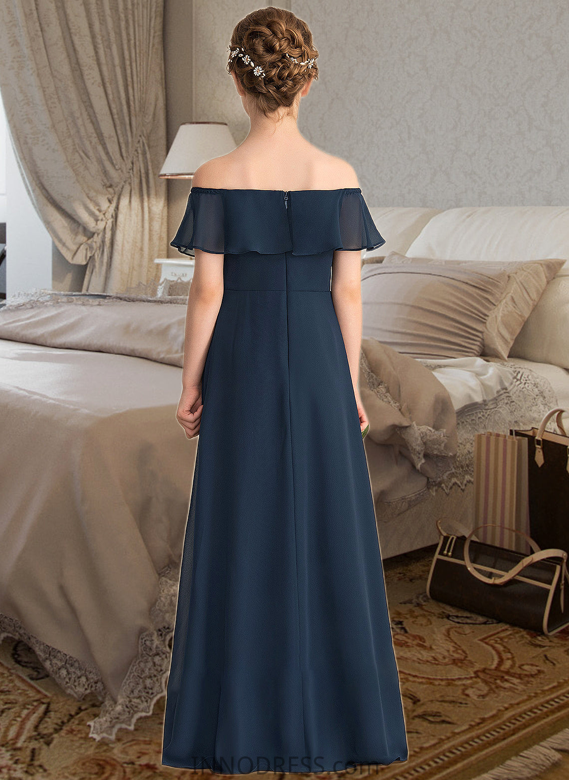 Katherine A-Line Off-the-Shoulder Floor-Length Chiffon Junior Bridesmaid Dress With Cascading Ruffles DPP0013431