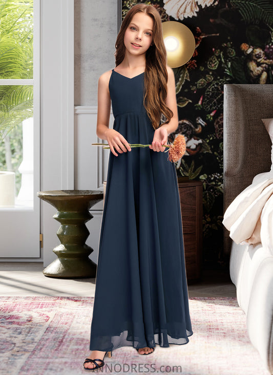 Elle A-Line V-neck Floor-Length Chiffon Junior Bridesmaid Dress With Bow(s) DPP0013432