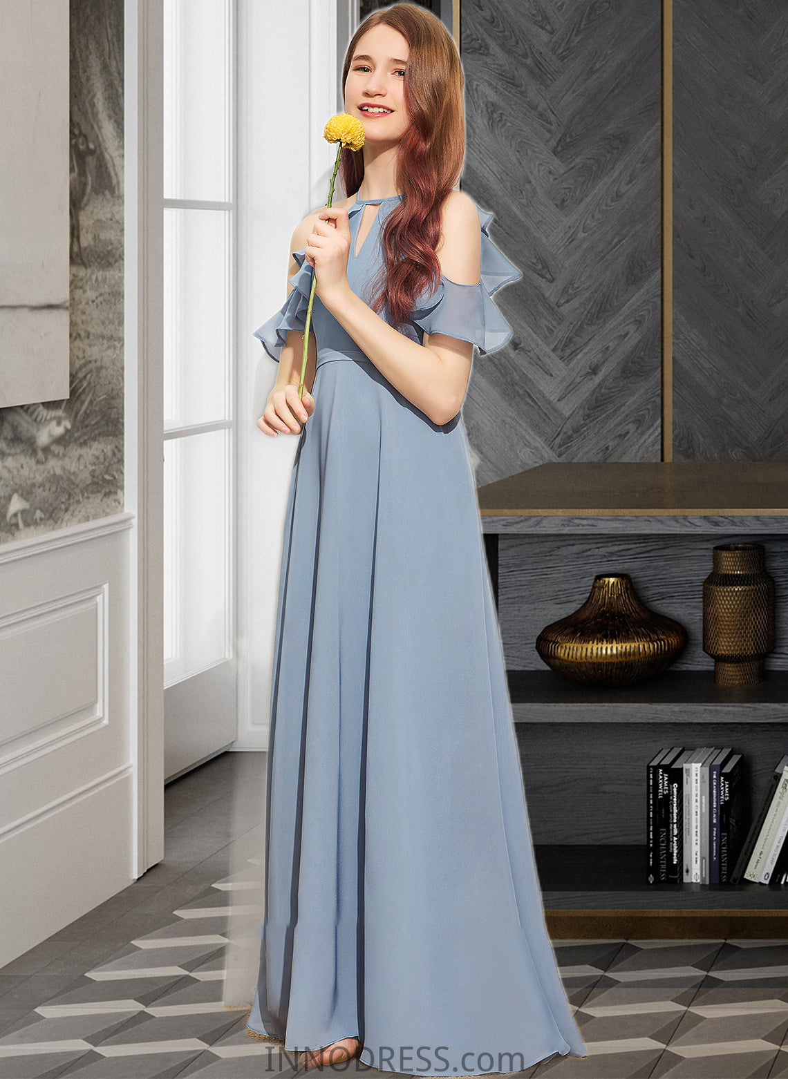 Bryanna A-Line Scoop Neck Floor-Length Chiffon Junior Bridesmaid Dress With Bow(s) Cascading Ruffles DPP0013433