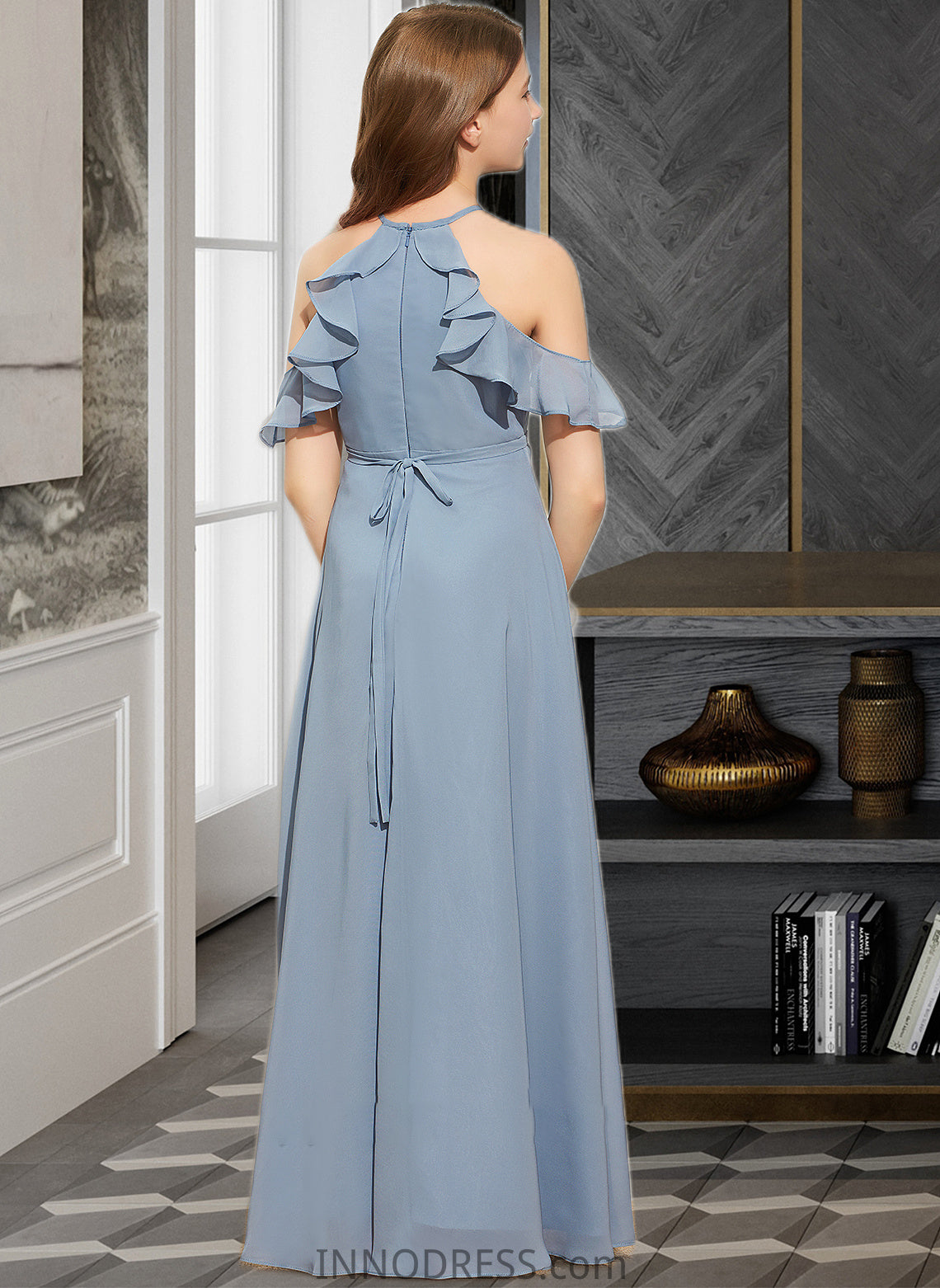 Bryanna A-Line Scoop Neck Floor-Length Chiffon Junior Bridesmaid Dress With Bow(s) Cascading Ruffles DPP0013433