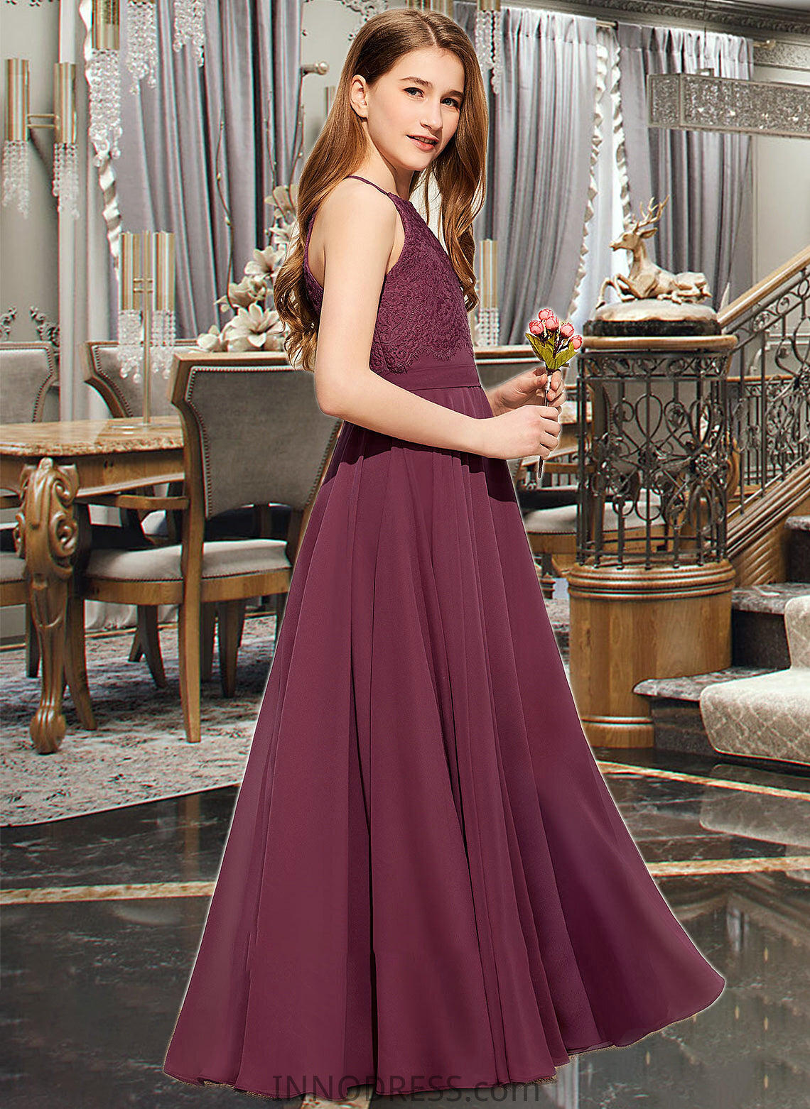 Kenley A-Line Square Neckline Floor-Length Chiffon Lace Junior Bridesmaid Dress DPP0013434