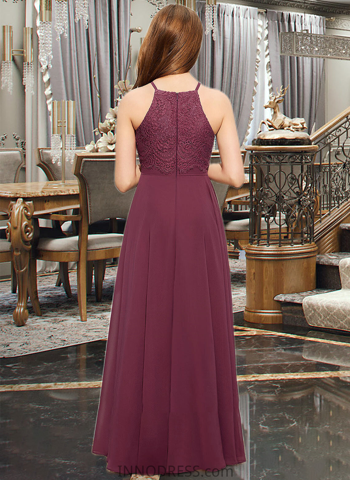 Kenley A-Line Square Neckline Floor-Length Chiffon Lace Junior Bridesmaid Dress DPP0013434