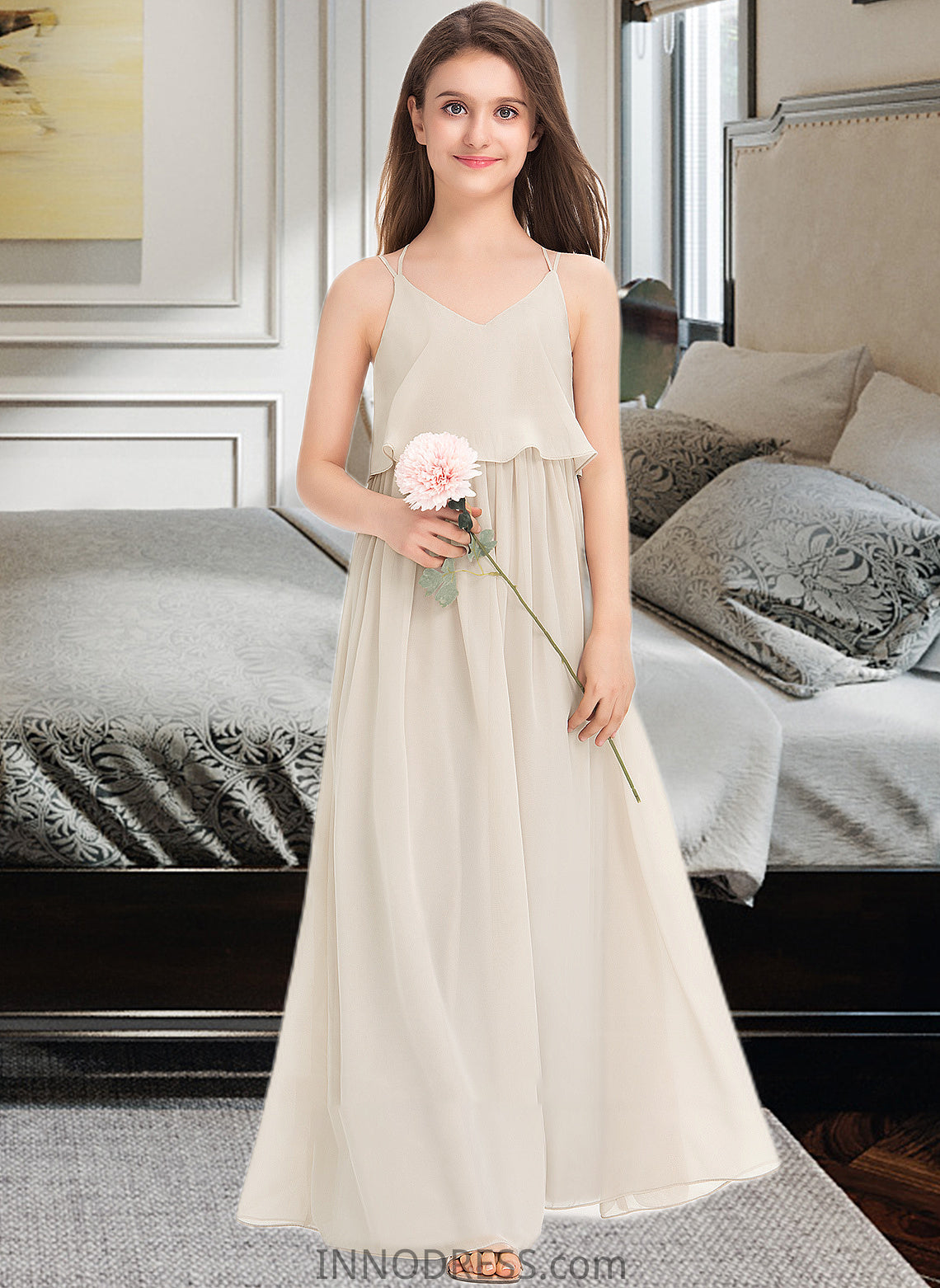 Miley A-Line V-neck Floor-Length Chiffon Junior Bridesmaid Dress DPP0013435