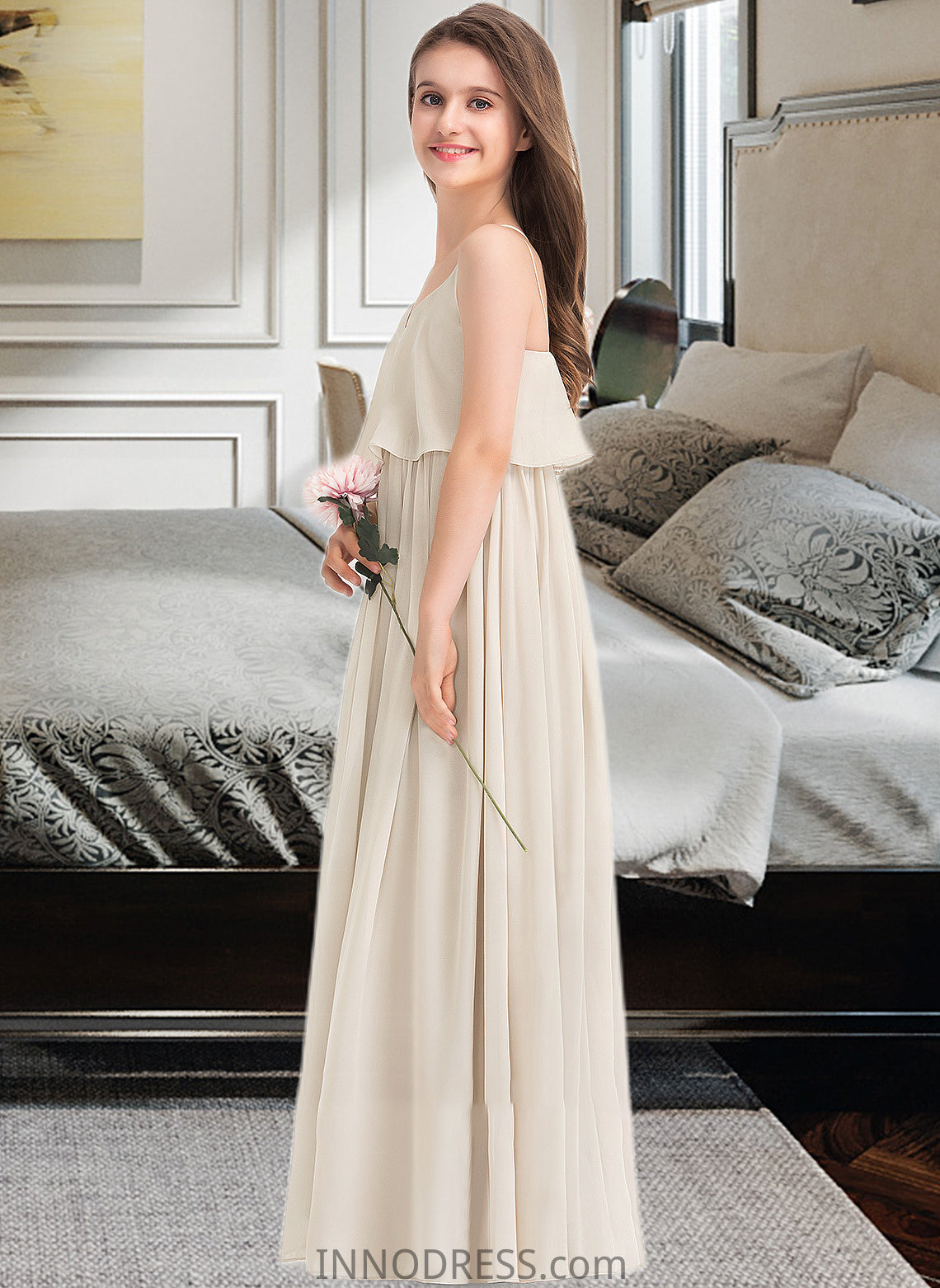 Miley A-Line V-neck Floor-Length Chiffon Junior Bridesmaid Dress DPP0013435