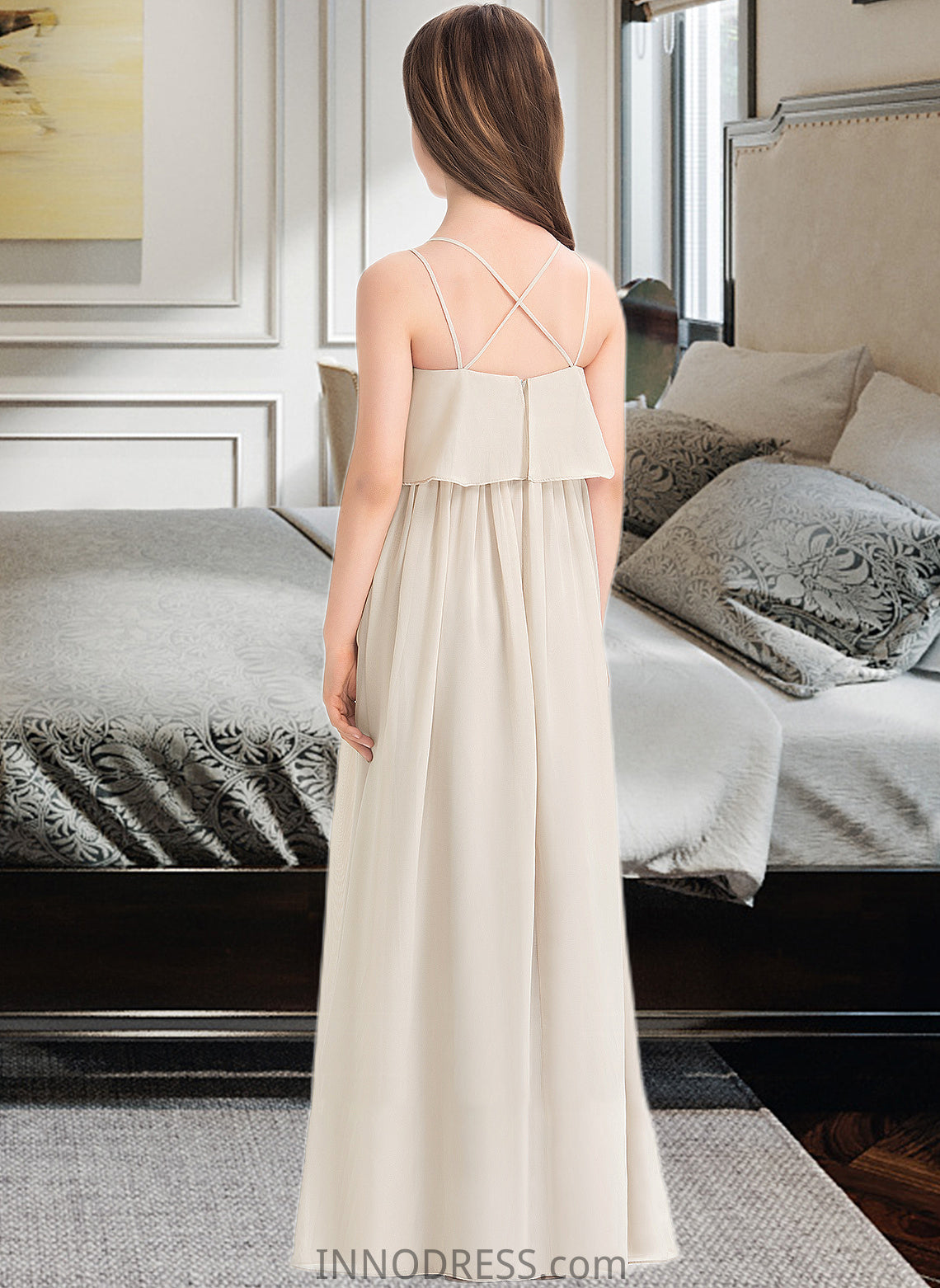 Miley A-Line V-neck Floor-Length Chiffon Junior Bridesmaid Dress DPP0013435