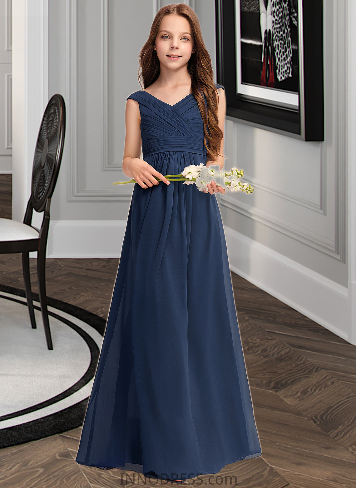 Esme A-Line Off-the-Shoulder Floor-Length Chiffon Junior Bridesmaid Dress With Ruffles DPP0013436