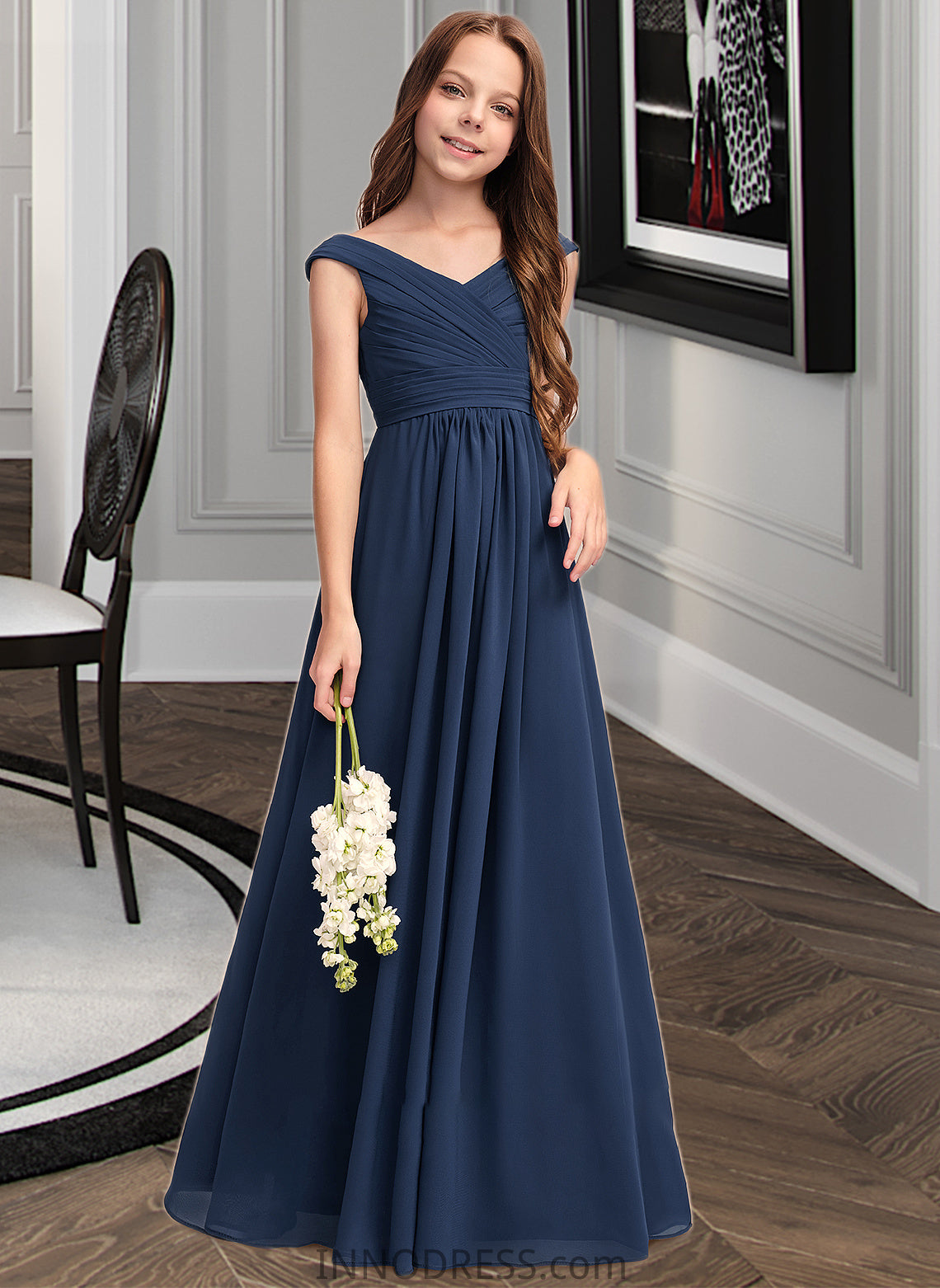 Esme A-Line Off-the-Shoulder Floor-Length Chiffon Junior Bridesmaid Dress With Ruffles DPP0013436