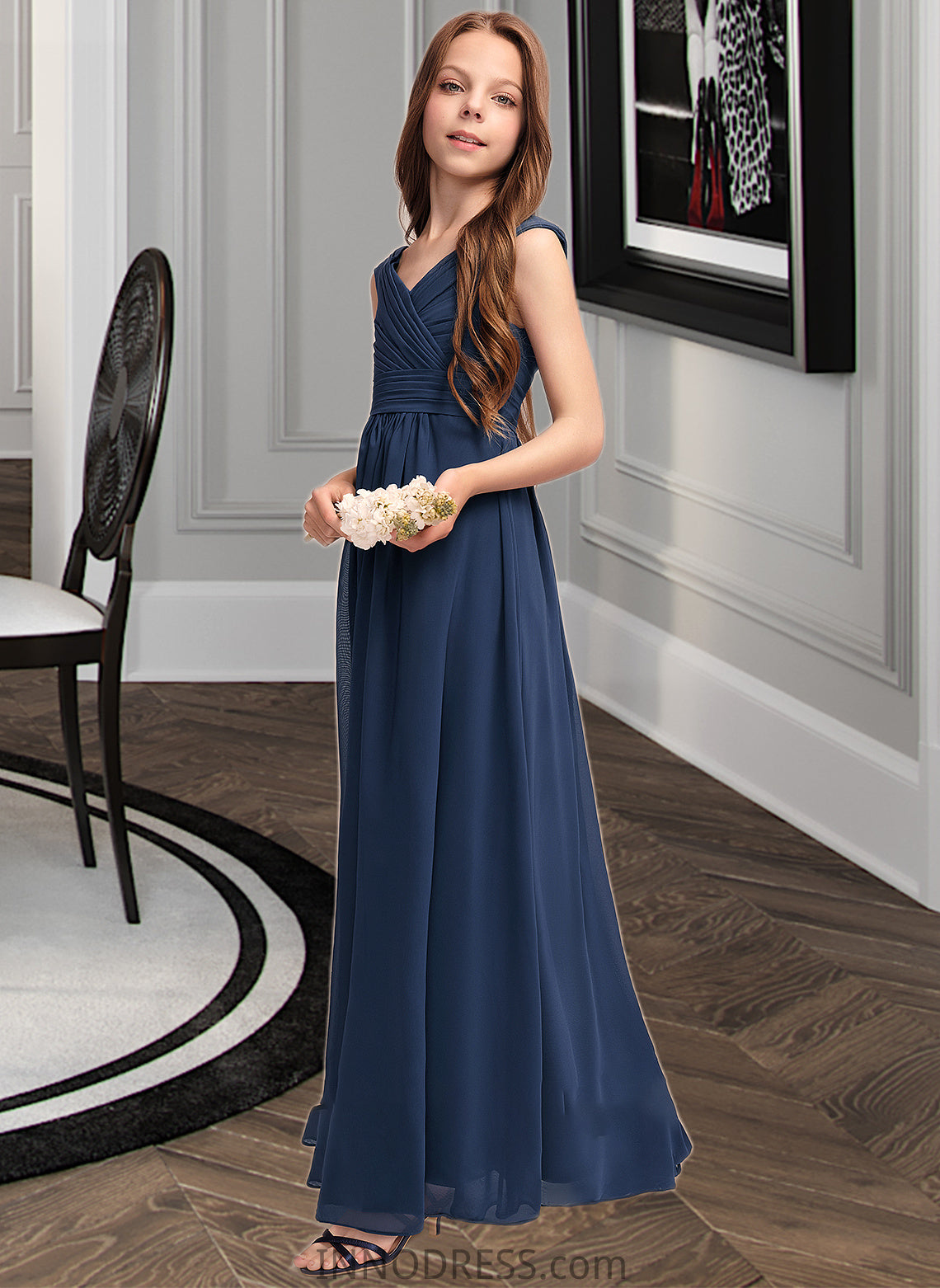 Esme A-Line Off-the-Shoulder Floor-Length Chiffon Junior Bridesmaid Dress With Ruffles DPP0013436