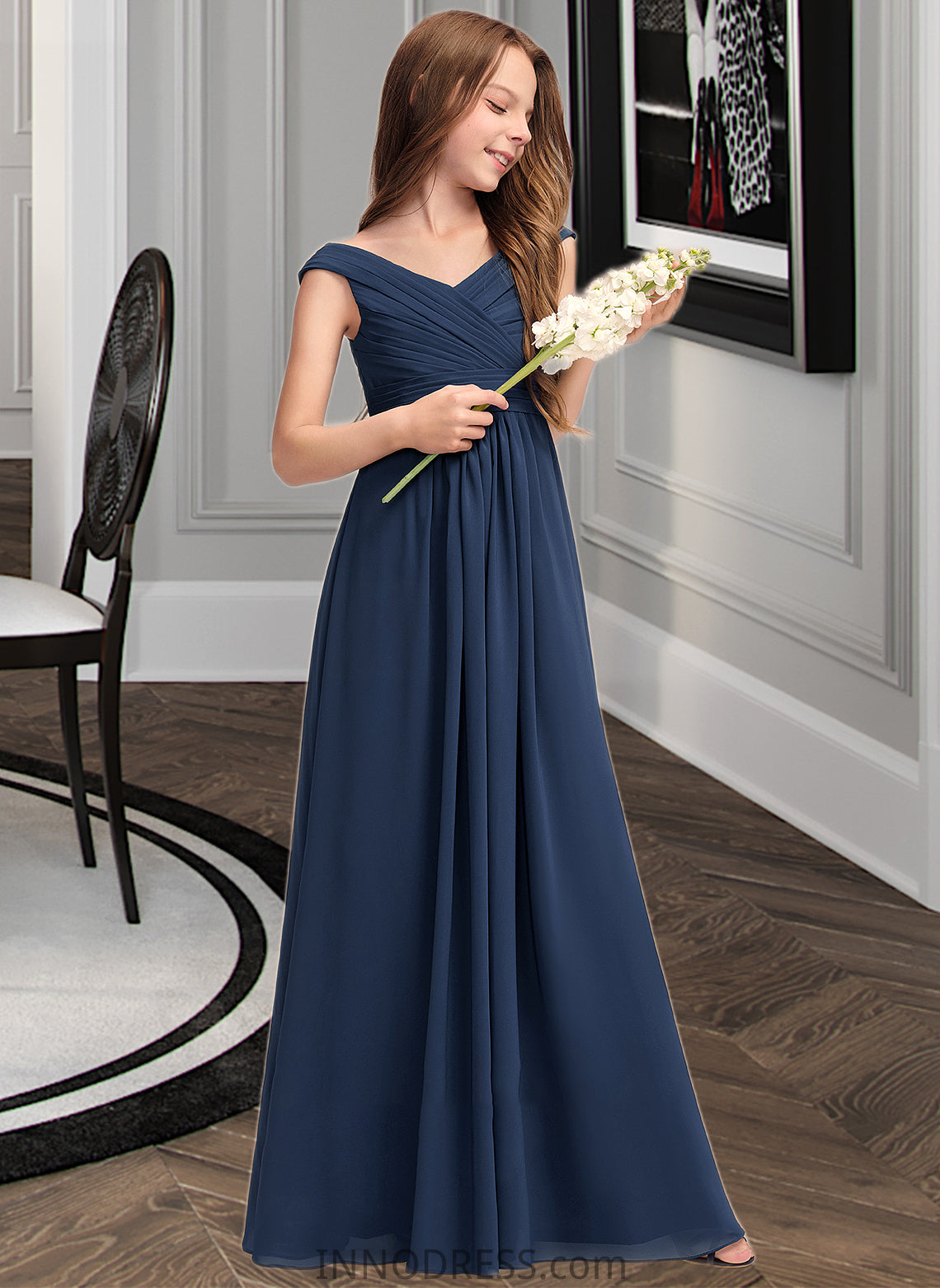 Esme A-Line Off-the-Shoulder Floor-Length Chiffon Junior Bridesmaid Dress With Ruffles DPP0013436