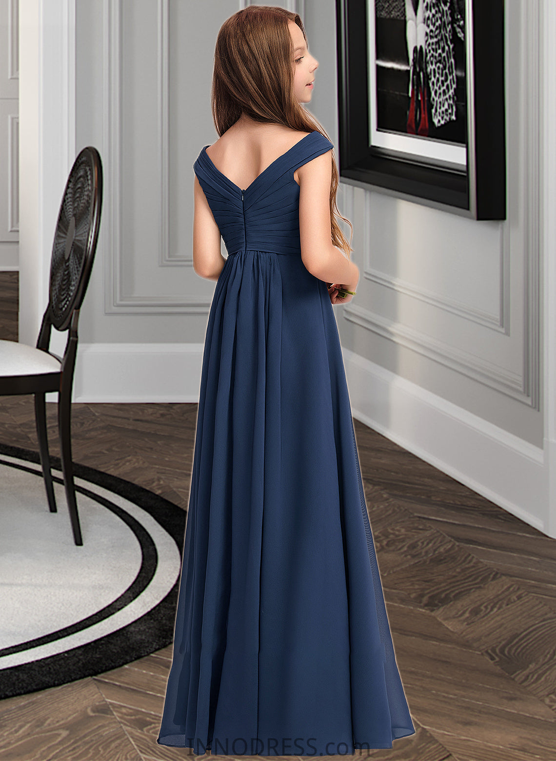 Esme A-Line Off-the-Shoulder Floor-Length Chiffon Junior Bridesmaid Dress With Ruffles DPP0013436