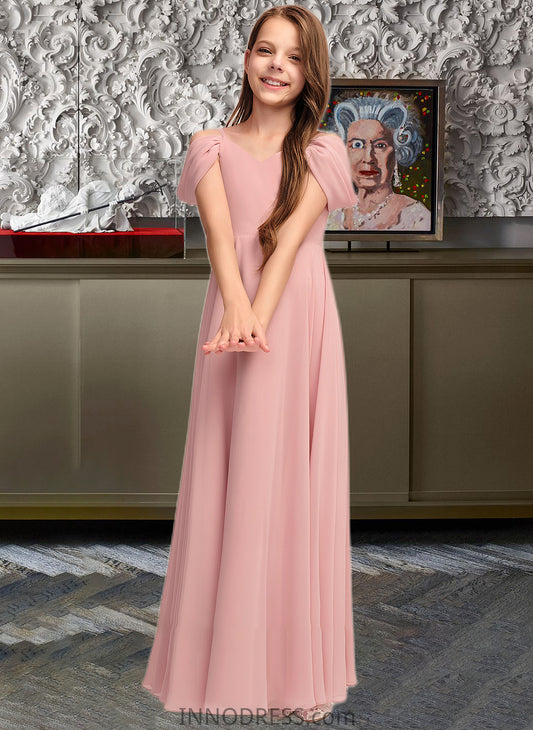 Elena A-Line V-neck Floor-Length Chiffon Junior Bridesmaid Dress With Ruffle DPP0013437