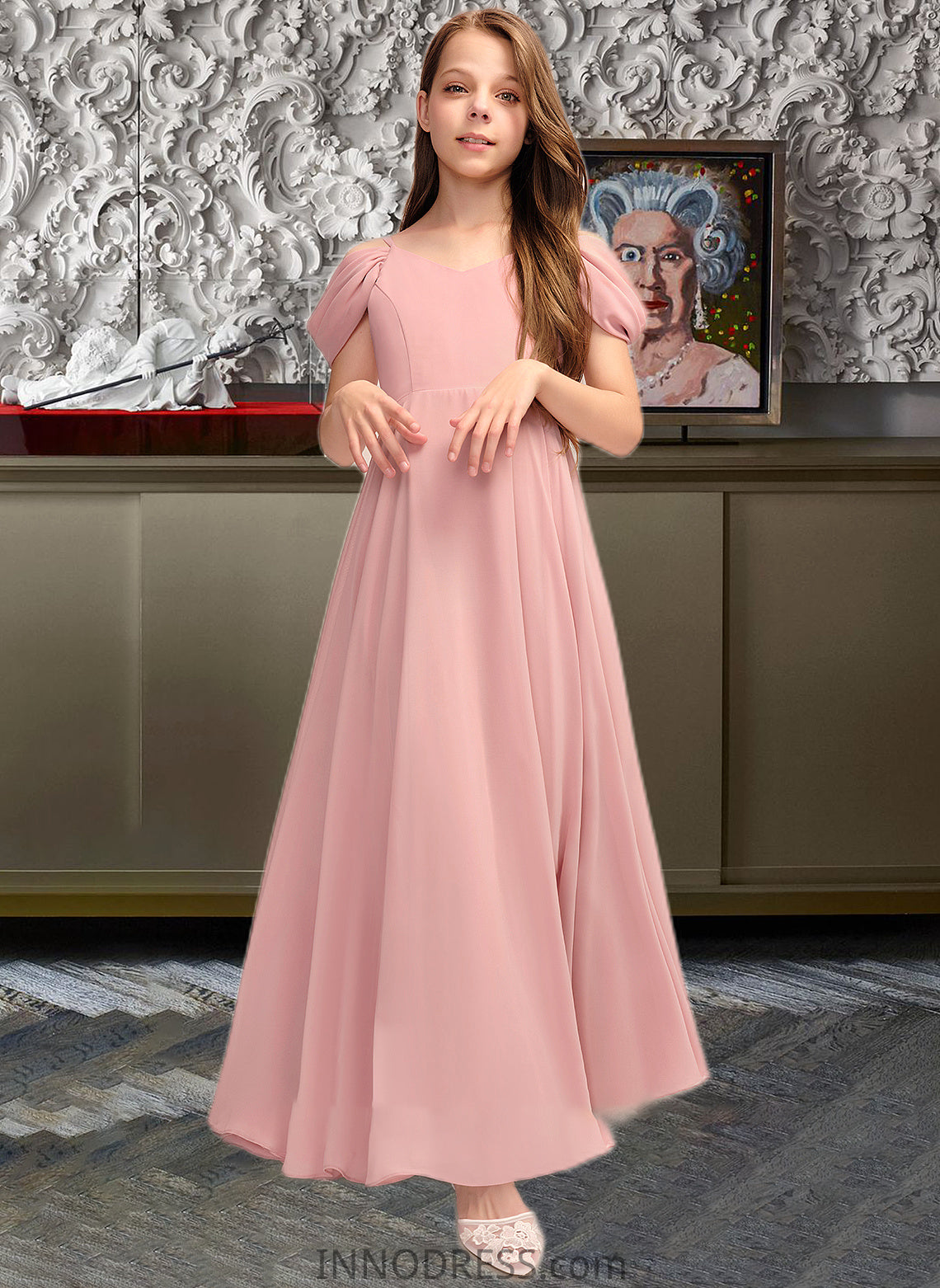 Elena A-Line V-neck Floor-Length Chiffon Junior Bridesmaid Dress With Ruffle DPP0013437