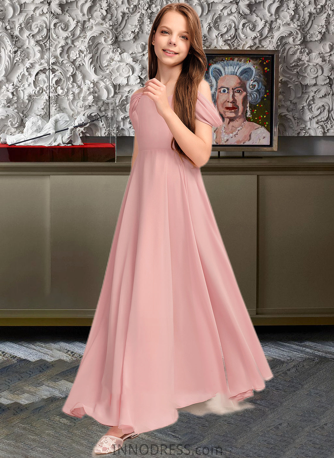 Elena A-Line V-neck Floor-Length Chiffon Junior Bridesmaid Dress With Ruffle DPP0013437