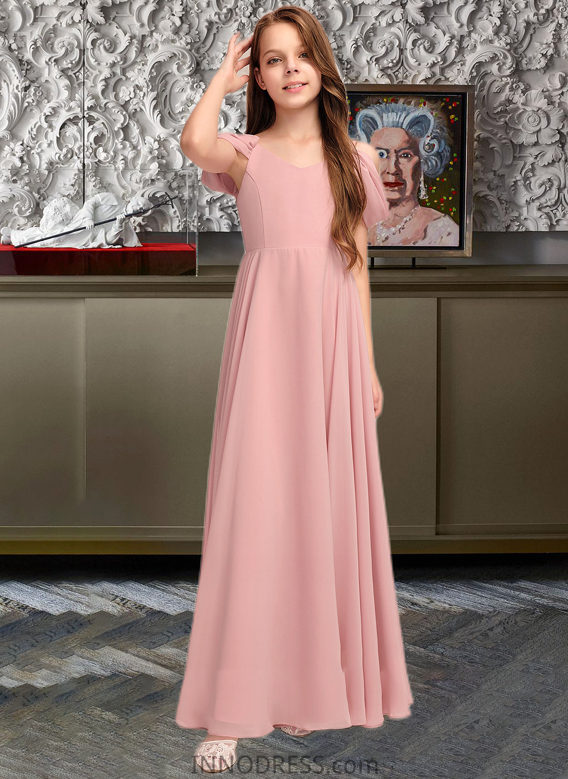 Elena A-Line V-neck Floor-Length Chiffon Junior Bridesmaid Dress With Ruffle DPP0013437