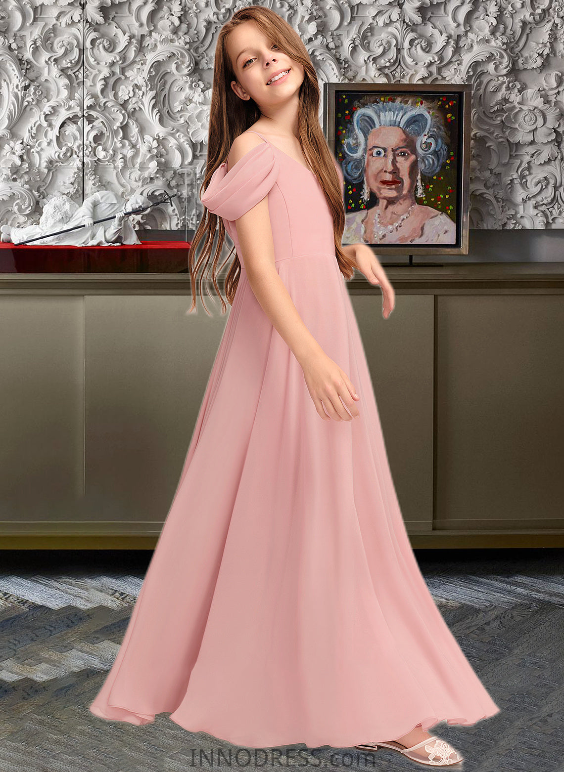 Elena A-Line V-neck Floor-Length Chiffon Junior Bridesmaid Dress With Ruffle DPP0013437