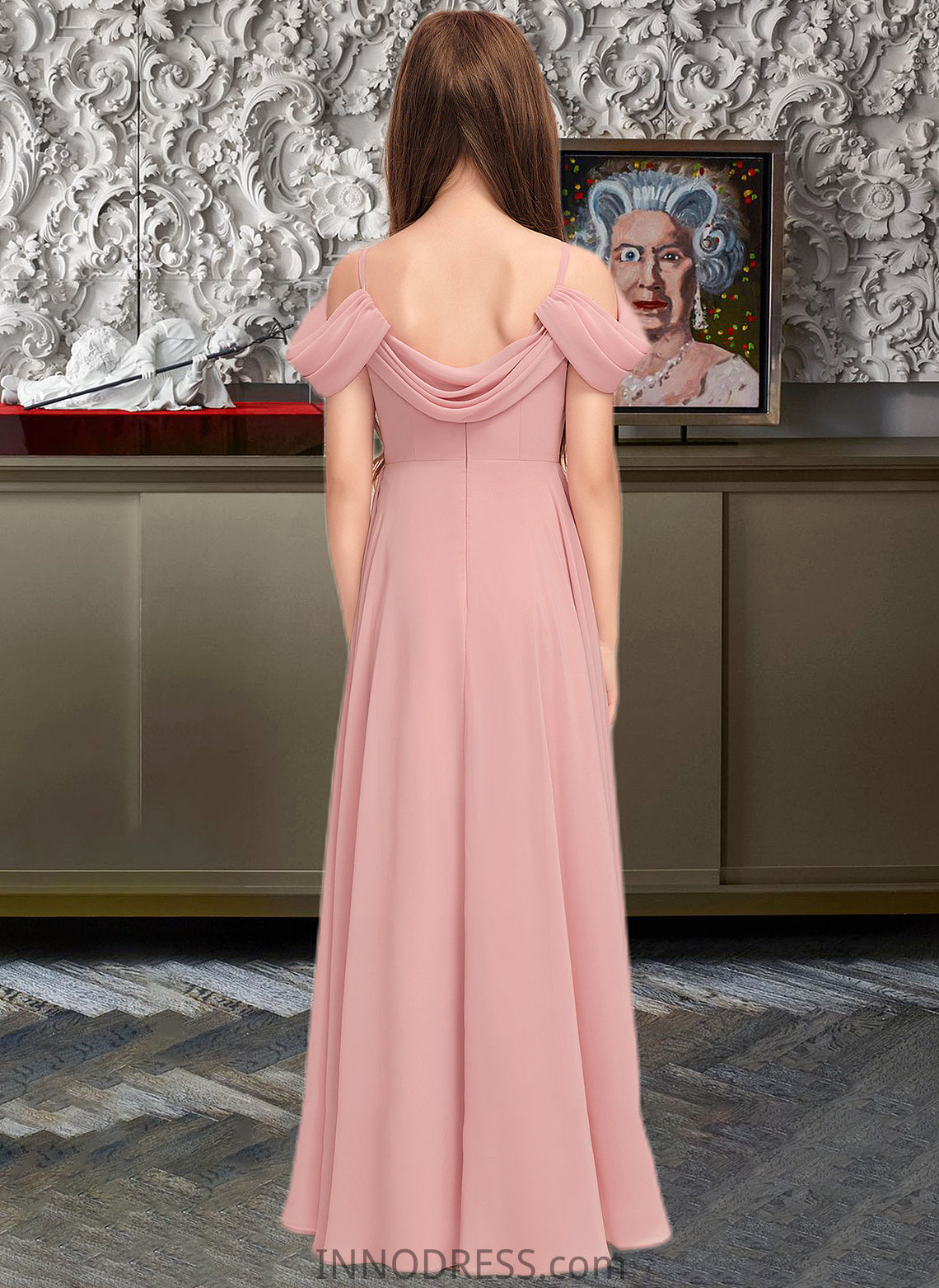 Elena A-Line V-neck Floor-Length Chiffon Junior Bridesmaid Dress With Ruffle DPP0013437