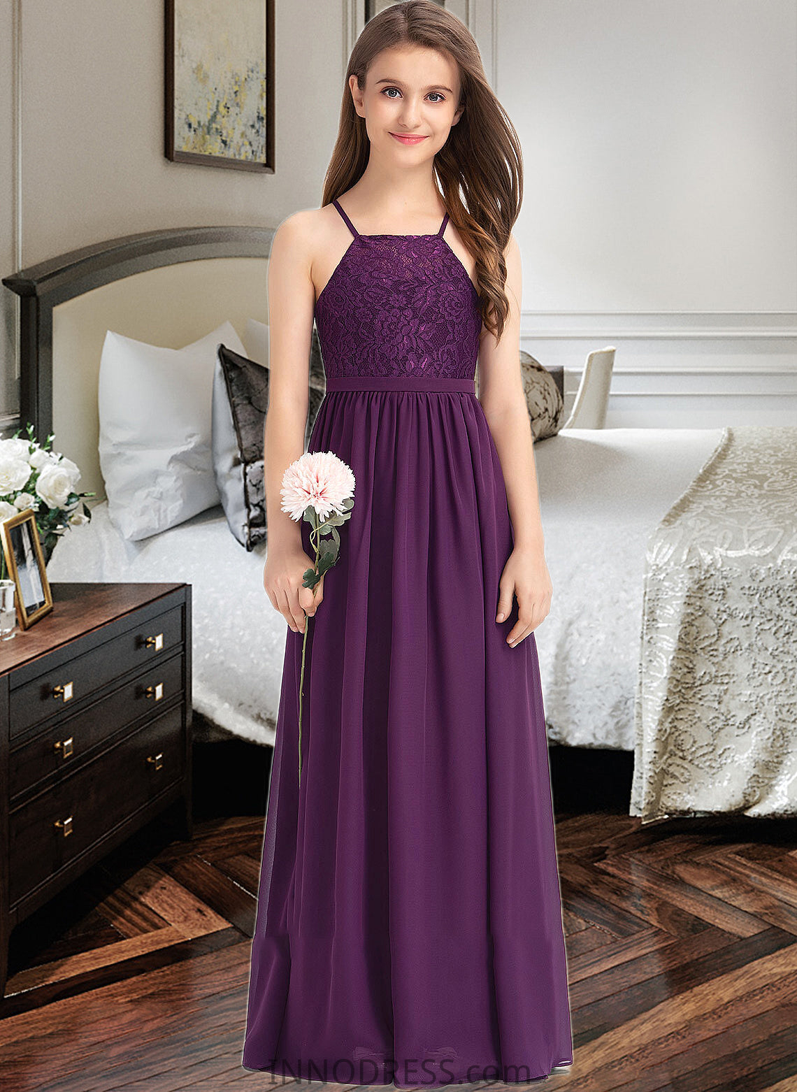 Taryn A-Line Square Neckline Floor-Length Chiffon Lace Junior Bridesmaid Dress With Bow(s) DPP0013438