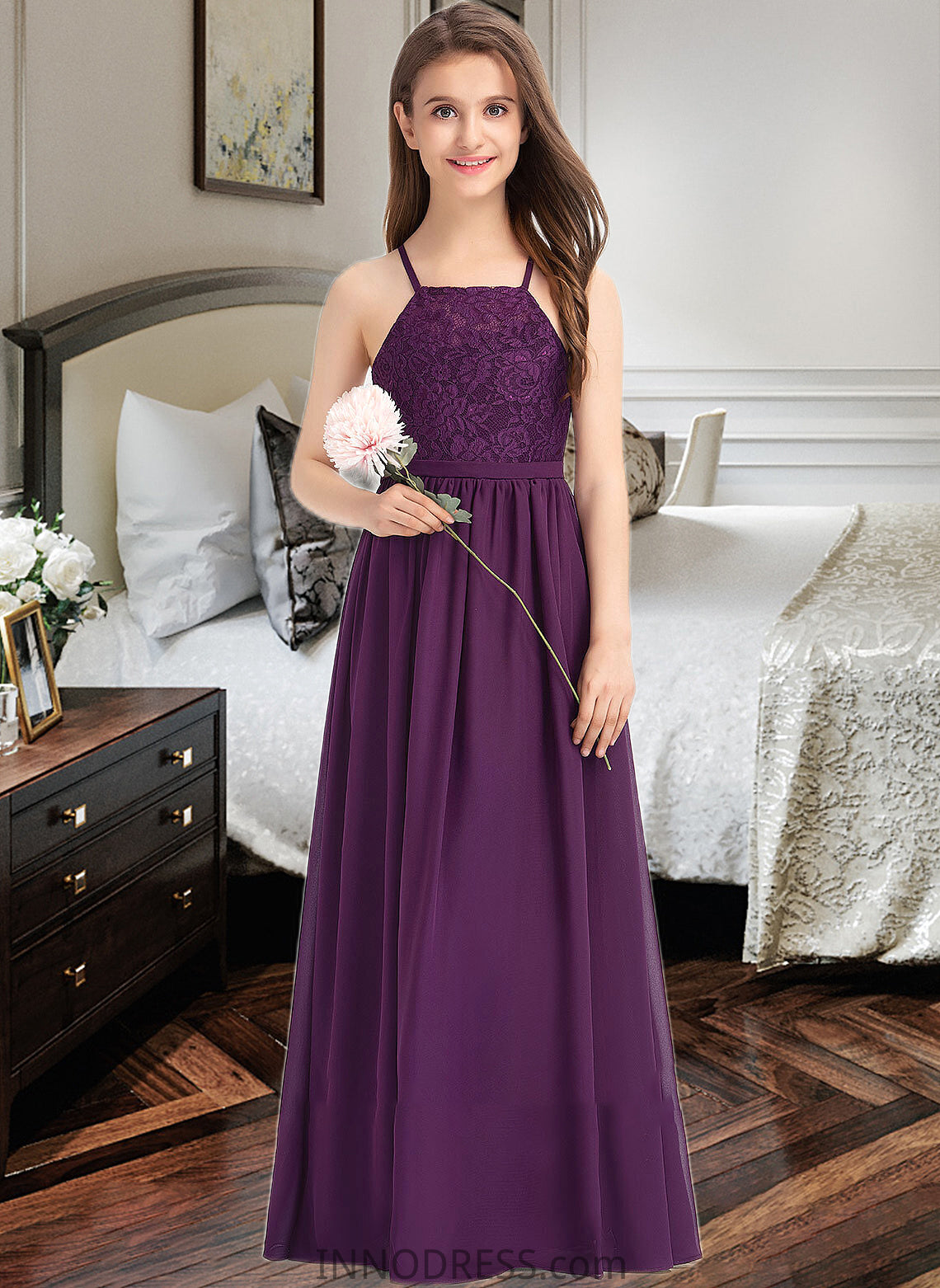 Taryn A-Line Square Neckline Floor-Length Chiffon Lace Junior Bridesmaid Dress With Bow(s) DPP0013438