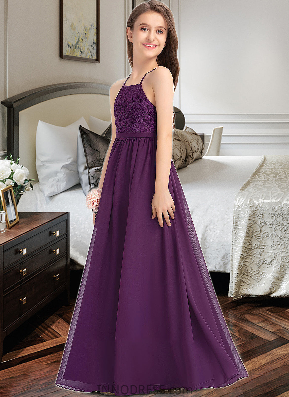 Taryn A-Line Square Neckline Floor-Length Chiffon Lace Junior Bridesmaid Dress With Bow(s) DPP0013438