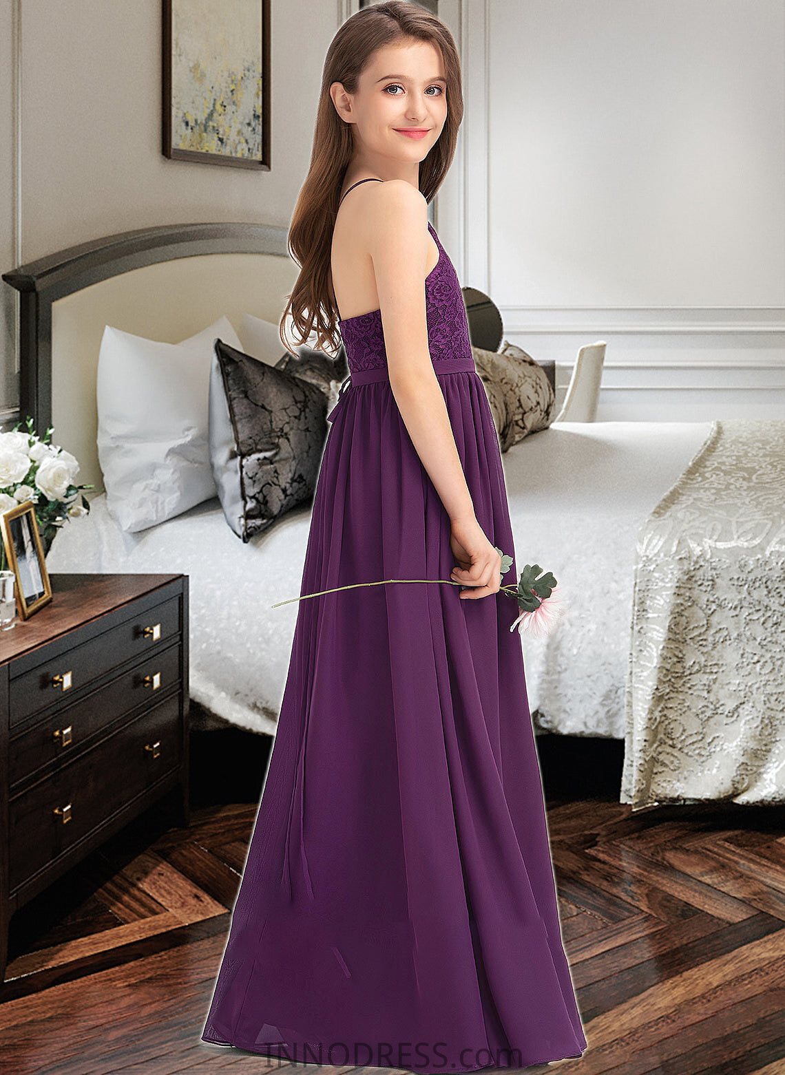 Taryn A-Line Square Neckline Floor-Length Chiffon Lace Junior Bridesmaid Dress With Bow(s) DPP0013438