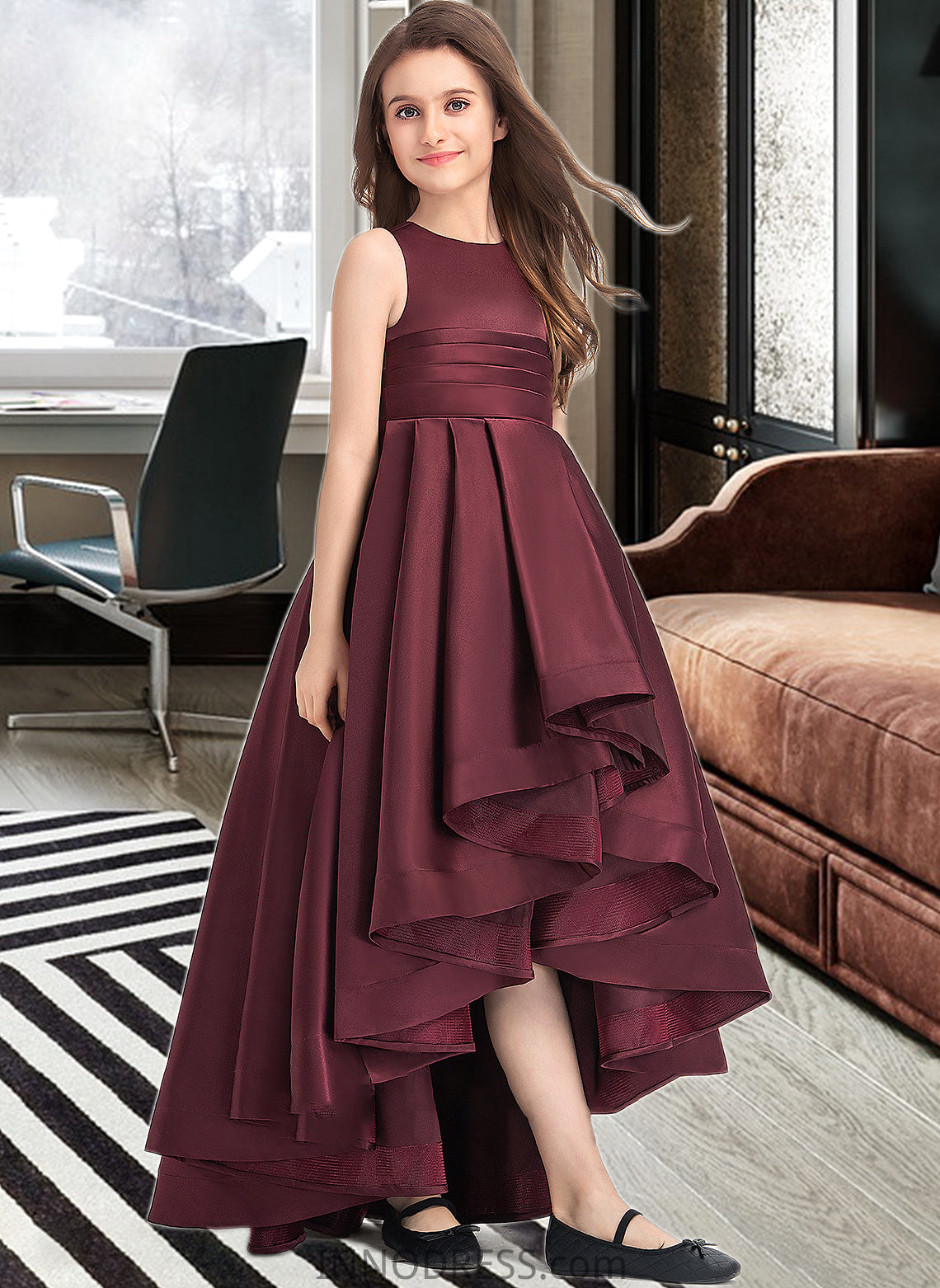 Molly A-Line Scoop Neck Asymmetrical Satin Junior Bridesmaid Dress With Ruffle DPP0013439