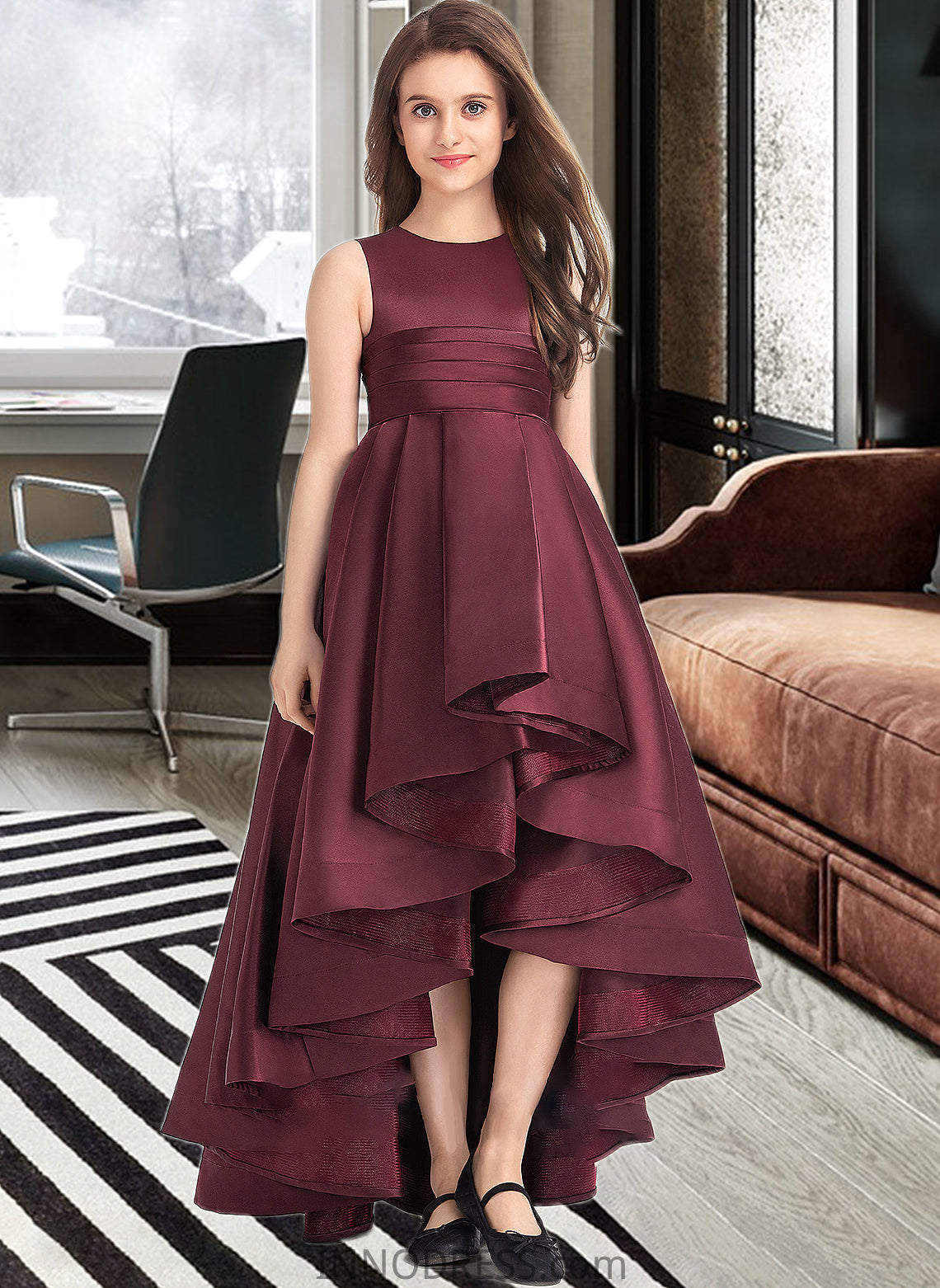 Molly A-Line Scoop Neck Asymmetrical Satin Junior Bridesmaid Dress With Ruffle DPP0013439