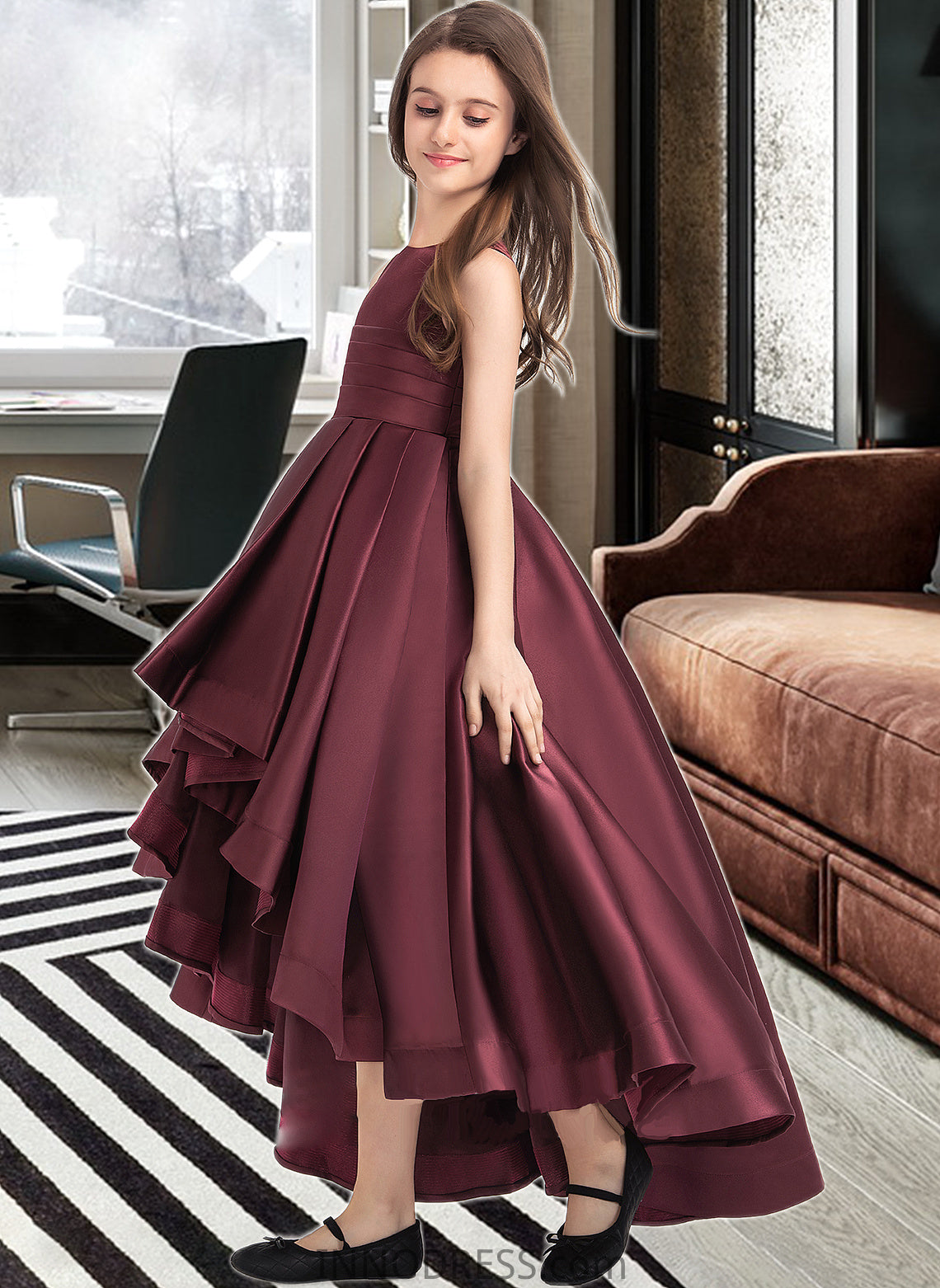 Molly A-Line Scoop Neck Asymmetrical Satin Junior Bridesmaid Dress With Ruffle DPP0013439