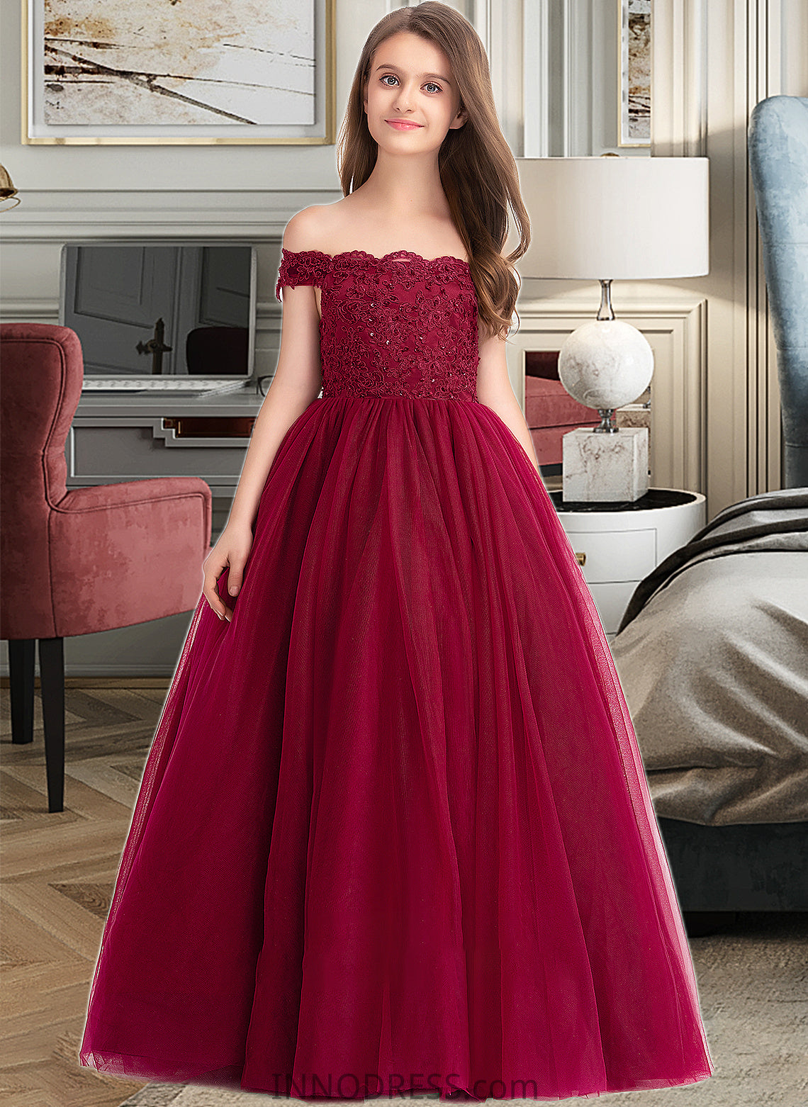 Kallie Ball-Gown/Princess Off-the-Shoulder Floor-Length Tulle Lace Junior Bridesmaid Dress With Beading Sequins DPP0013440