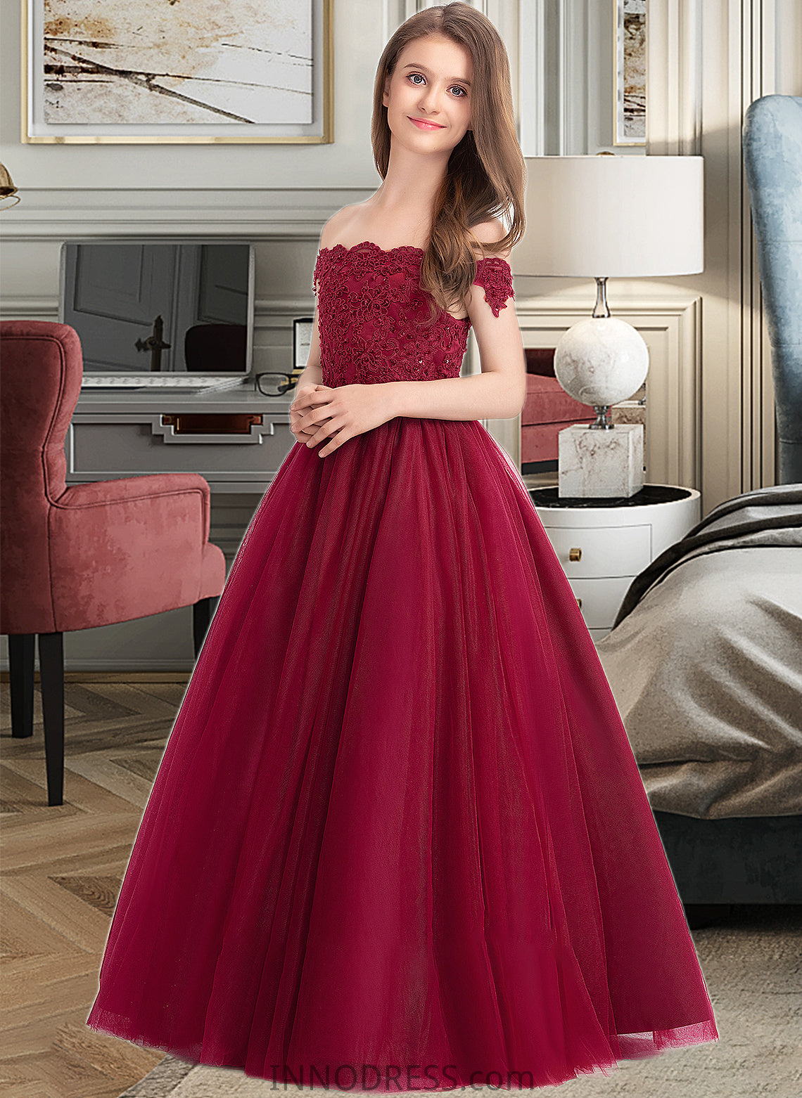 Kallie Ball-Gown/Princess Off-the-Shoulder Floor-Length Tulle Lace Junior Bridesmaid Dress With Beading Sequins DPP0013440