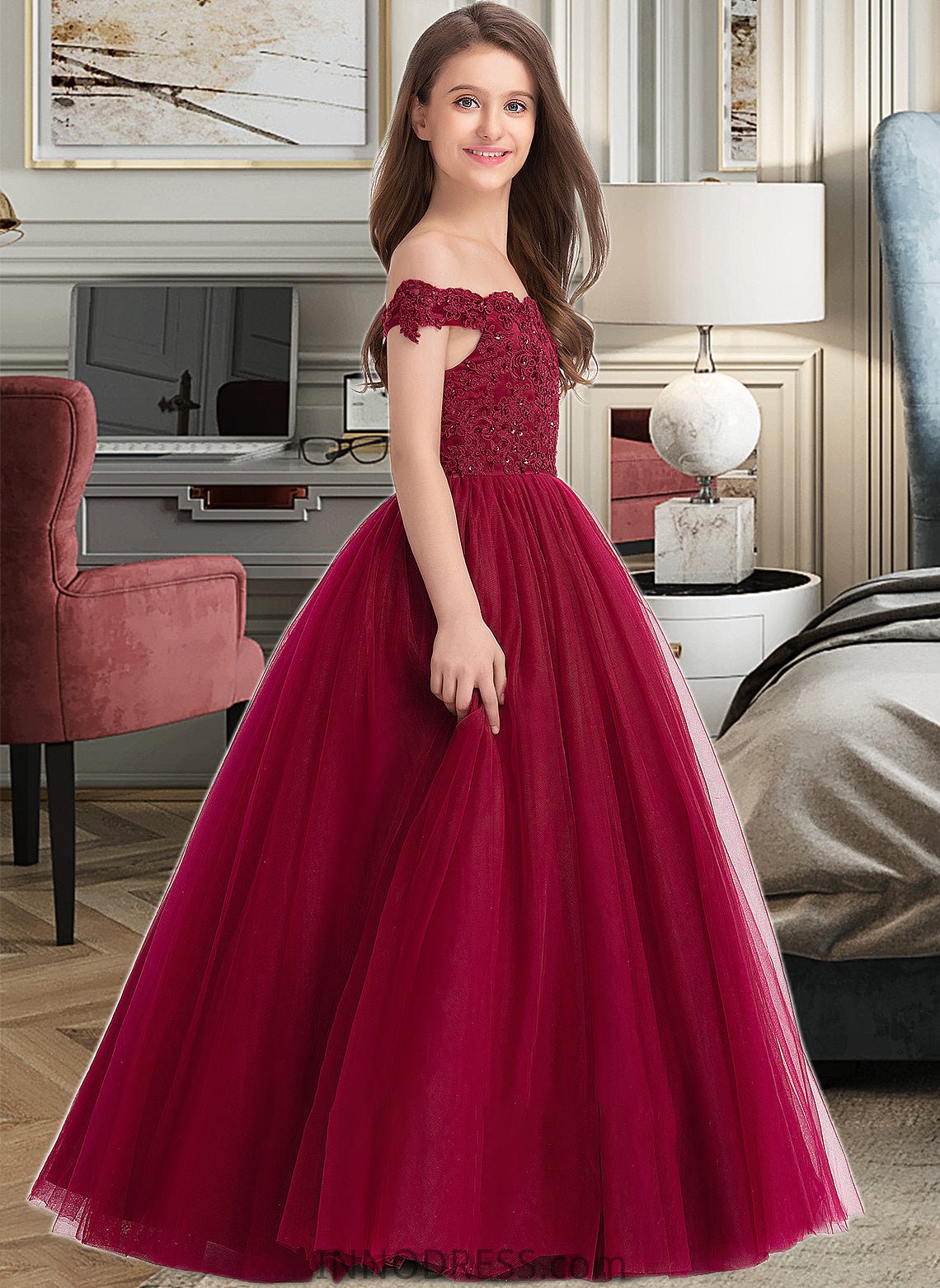 Kallie Ball-Gown/Princess Off-the-Shoulder Floor-Length Tulle Lace Junior Bridesmaid Dress With Beading Sequins DPP0013440