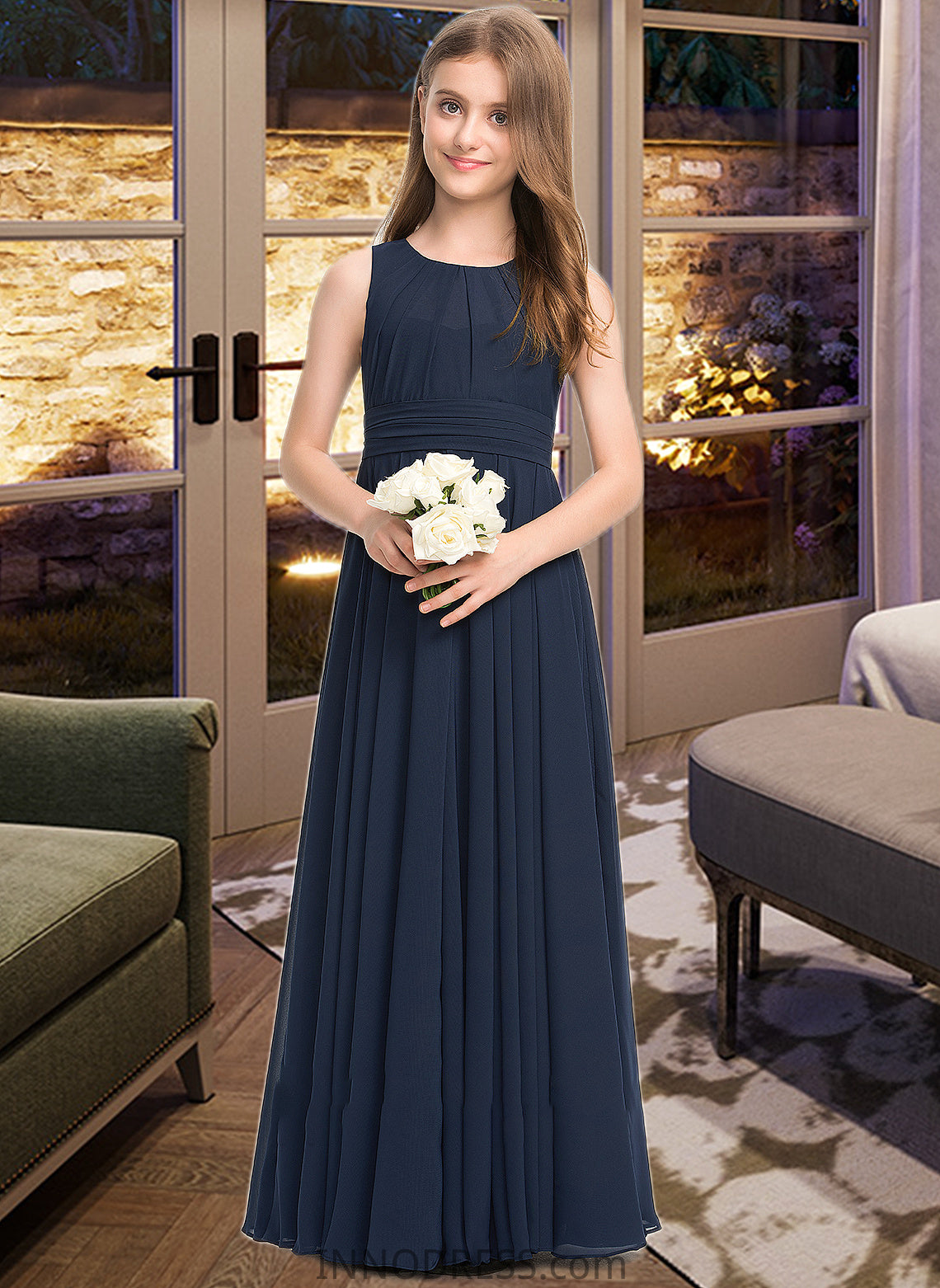 Nia A-Line Scoop Neck Floor-Length Chiffon Junior Bridesmaid Dress With Ruffle DPP0013441