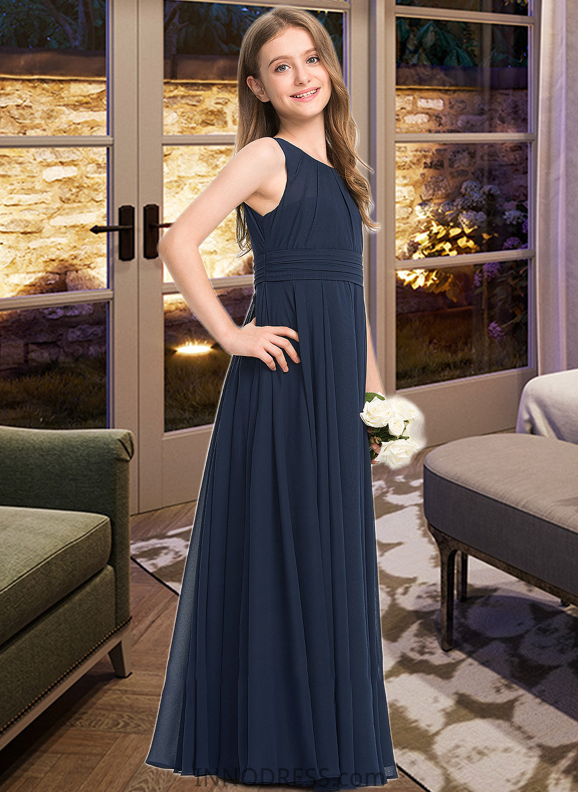 Nia A-Line Scoop Neck Floor-Length Chiffon Junior Bridesmaid Dress With Ruffle DPP0013441